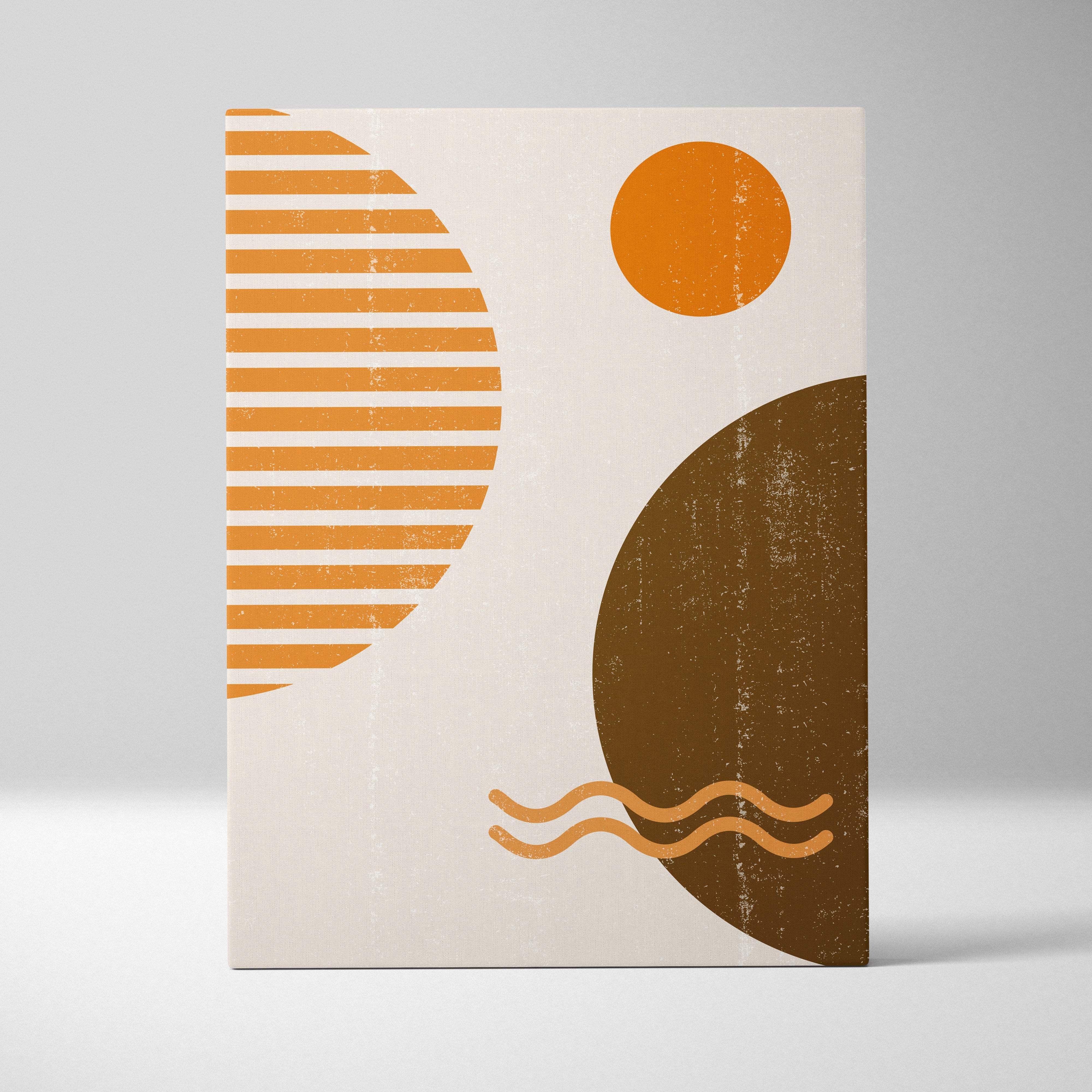 Boho abstract geometric canvas wall art with bold terracotta rust and warm brown shapes on textured off-white background