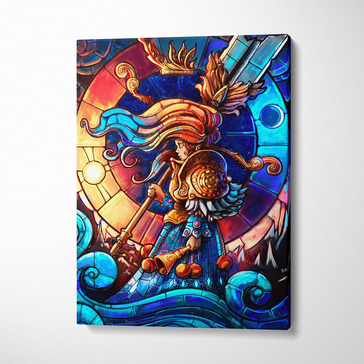 Colorful stained glass warrior canvas art featuring a fantasy knight with blue and gold hair in ornate armor and celestial background