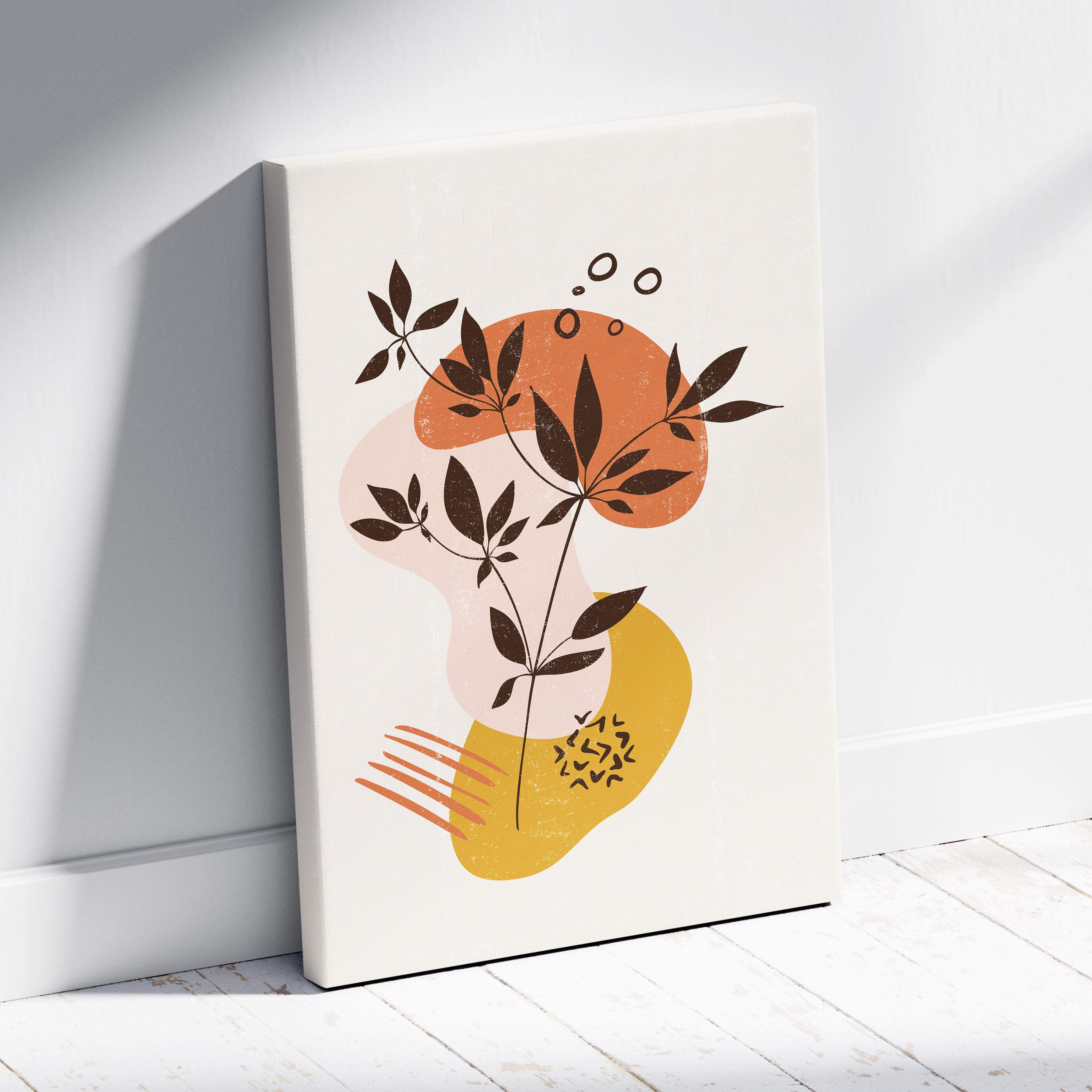 Boho abstract botanical canvas wall art with terracotta mustard and neutral beige leaves on cream background for living room