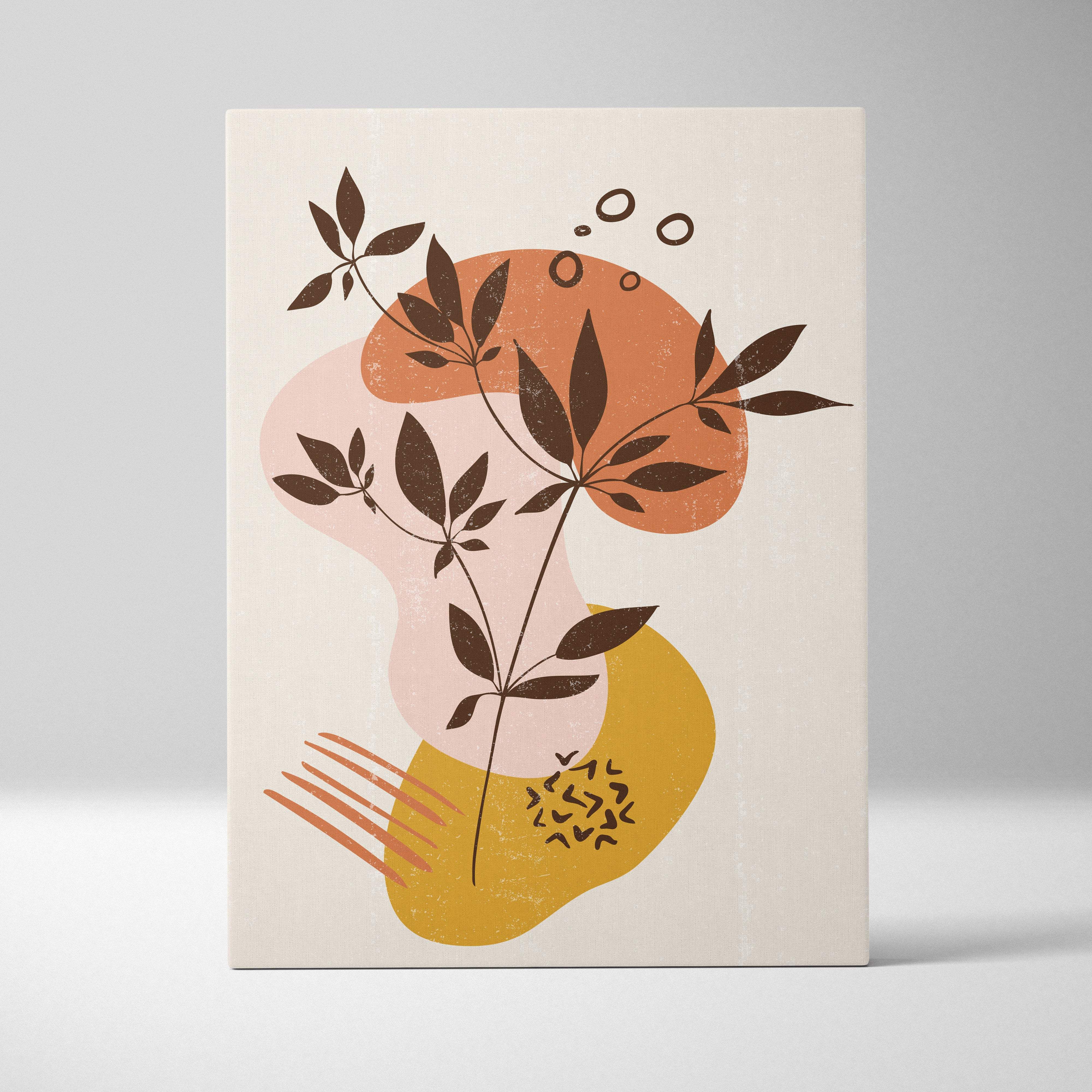 Boho abstract botanical canvas wall art featuring dark brown leaves on peach terracotta and mustard organic shapes