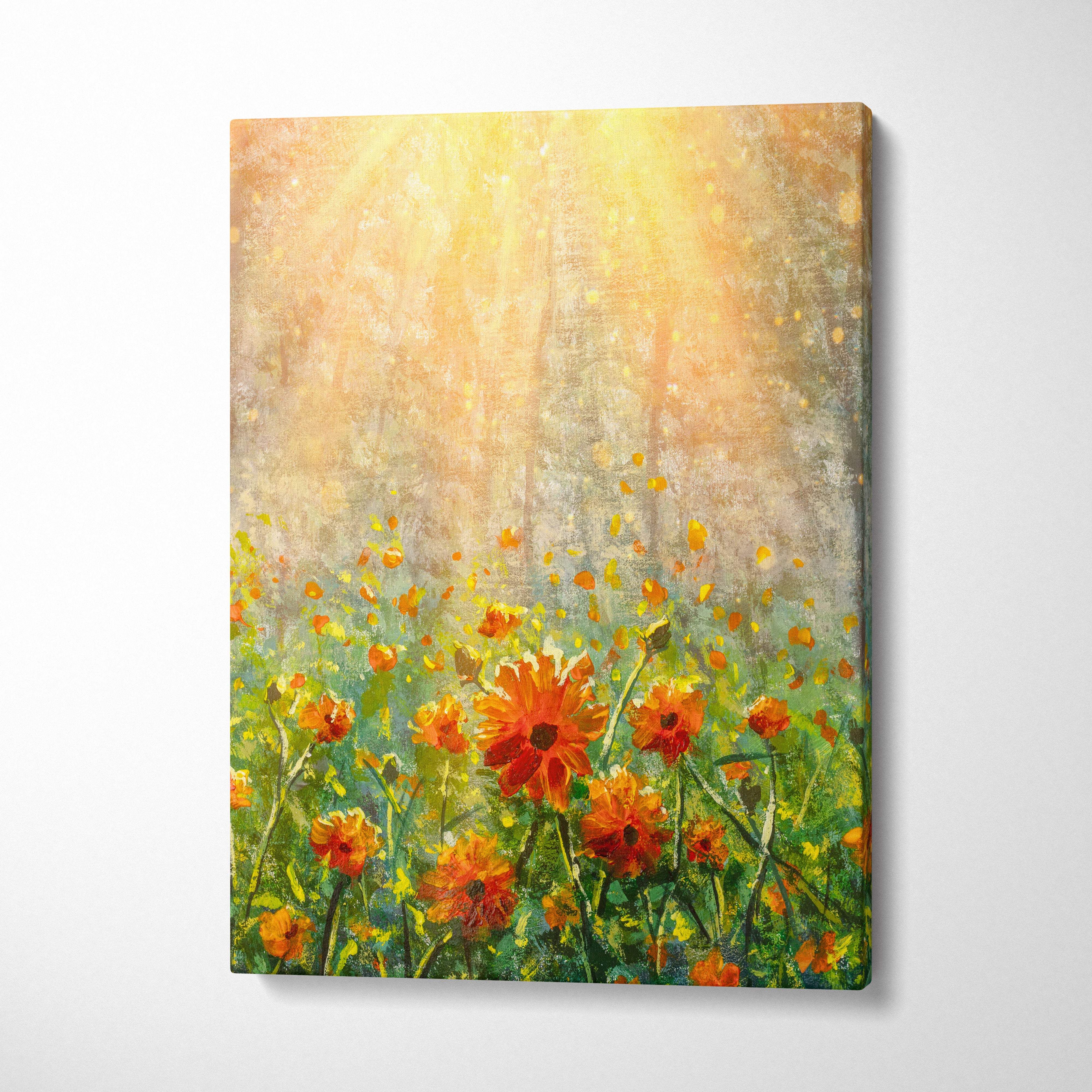 Sunlit wildflower meadow canvas print featuring vibrant orange daisies in oil painting style with warm golden light