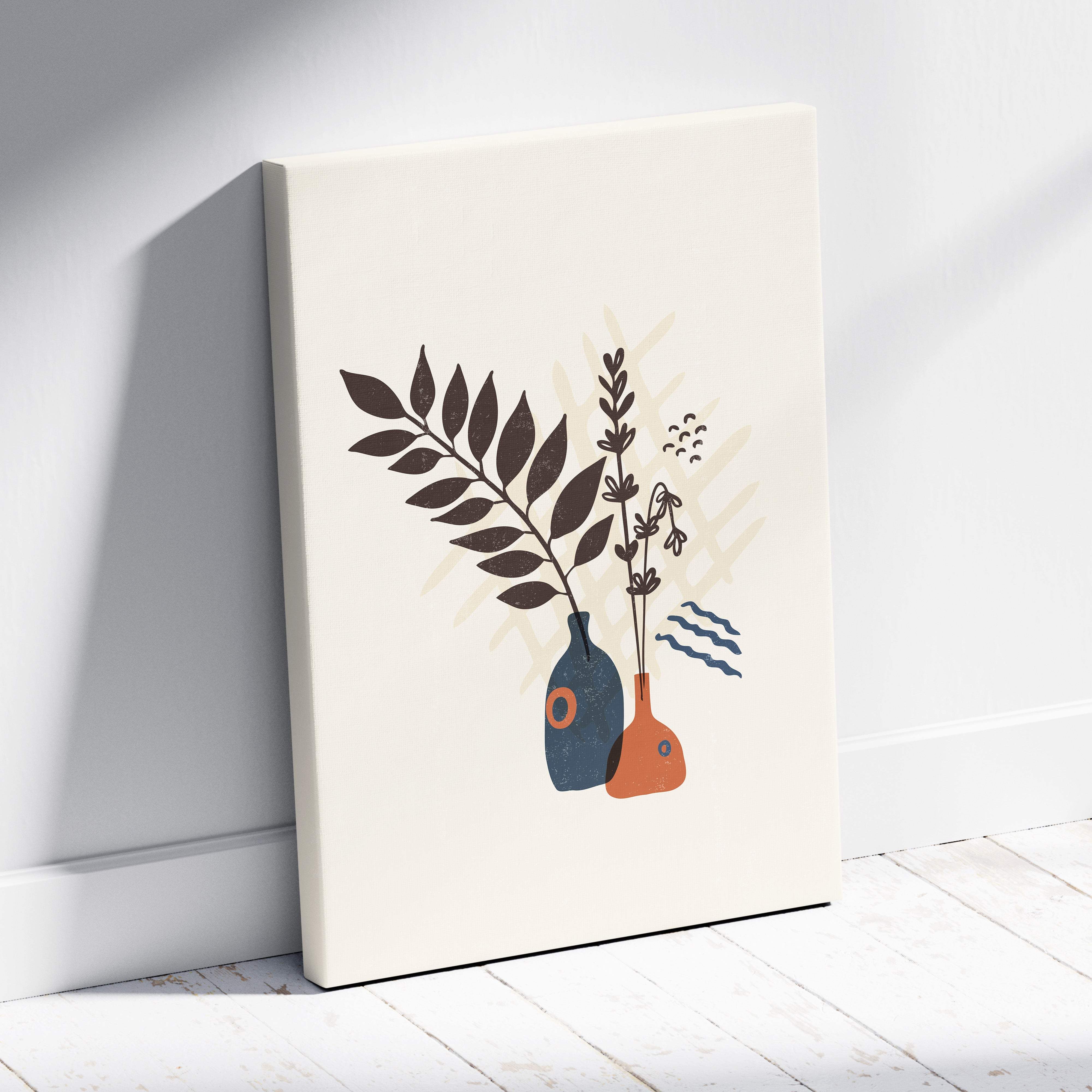 Beige canvas print featuring navy blue and terracotta vases with dark brown foliage for boho minimalist decor
