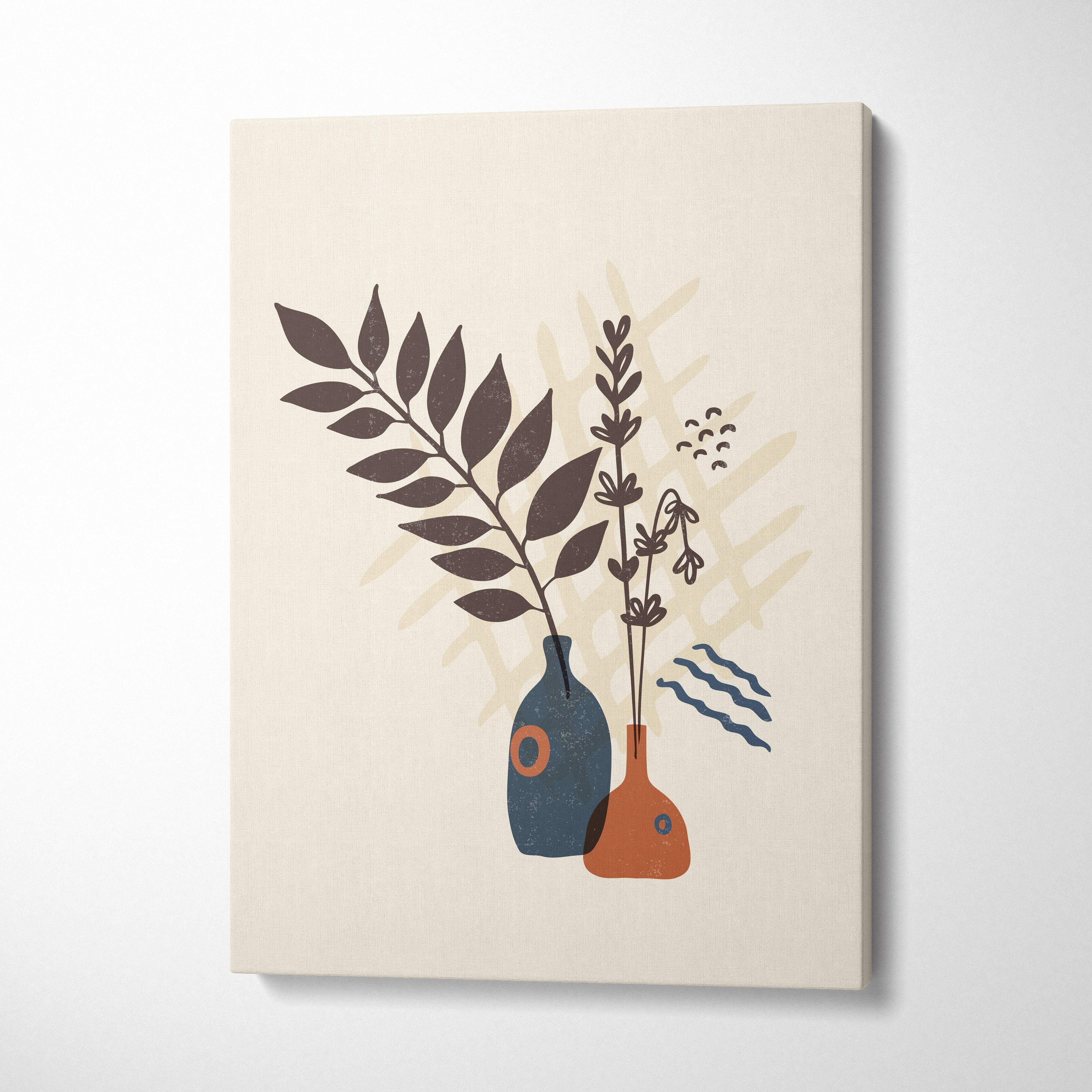Minimalist canvas print featuring navy blue and terracotta vases with foliage on cream background for boho decor
