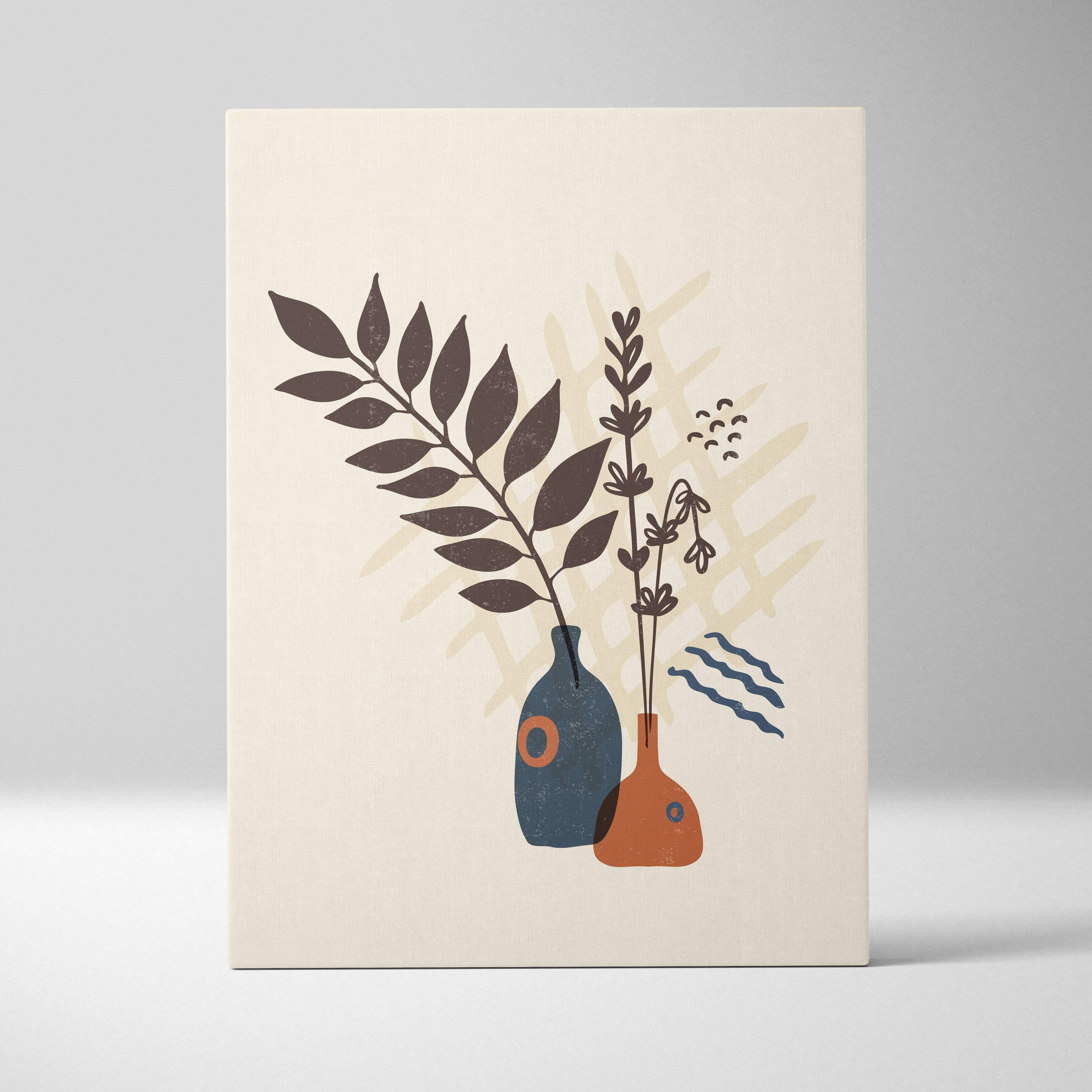 Beige canvas print featuring stylized dark brown foliage in blue and terracotta vases with abstract wave patterns