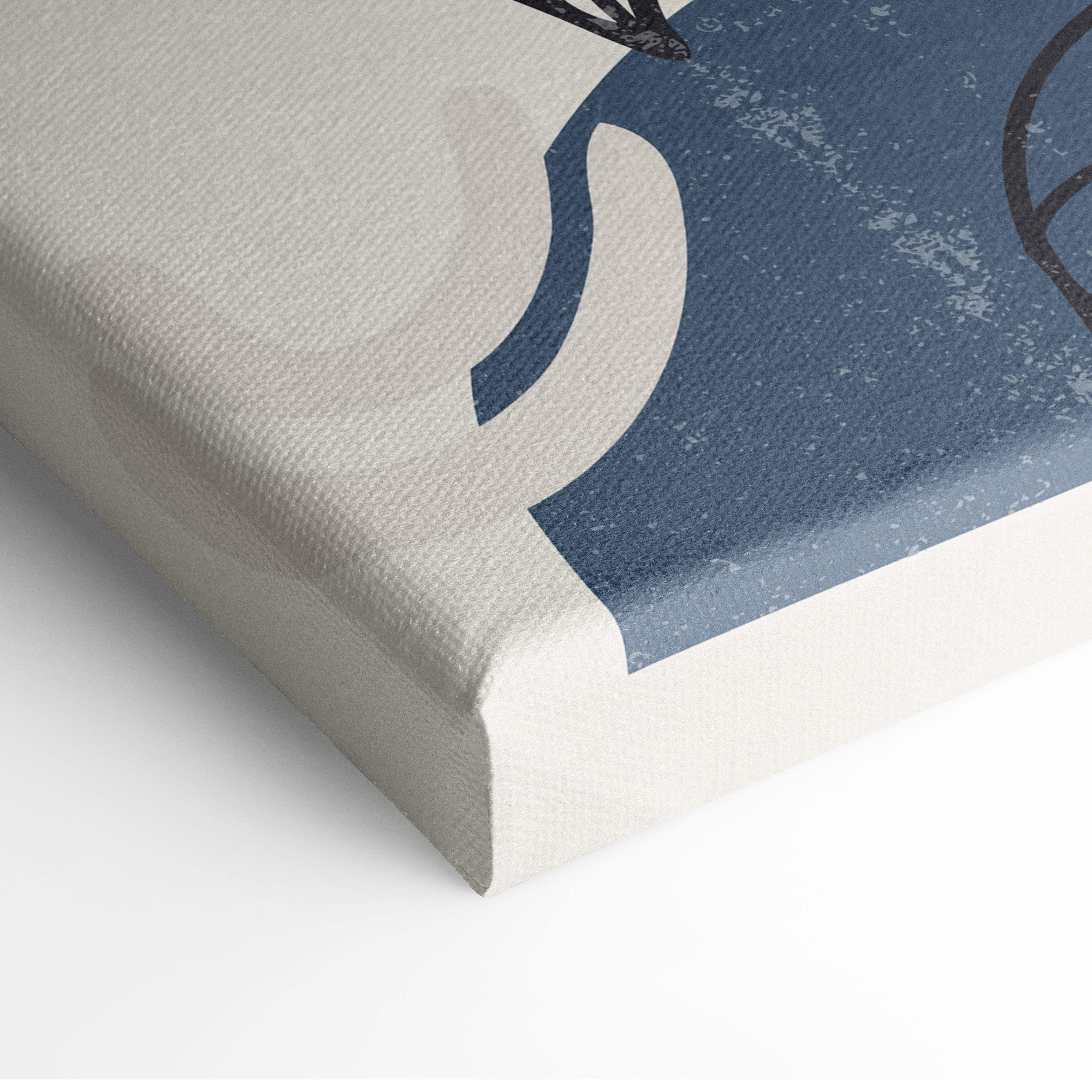 A textured canvas print featuring a stylized blue and white abstract design with black outlines for boho wall art