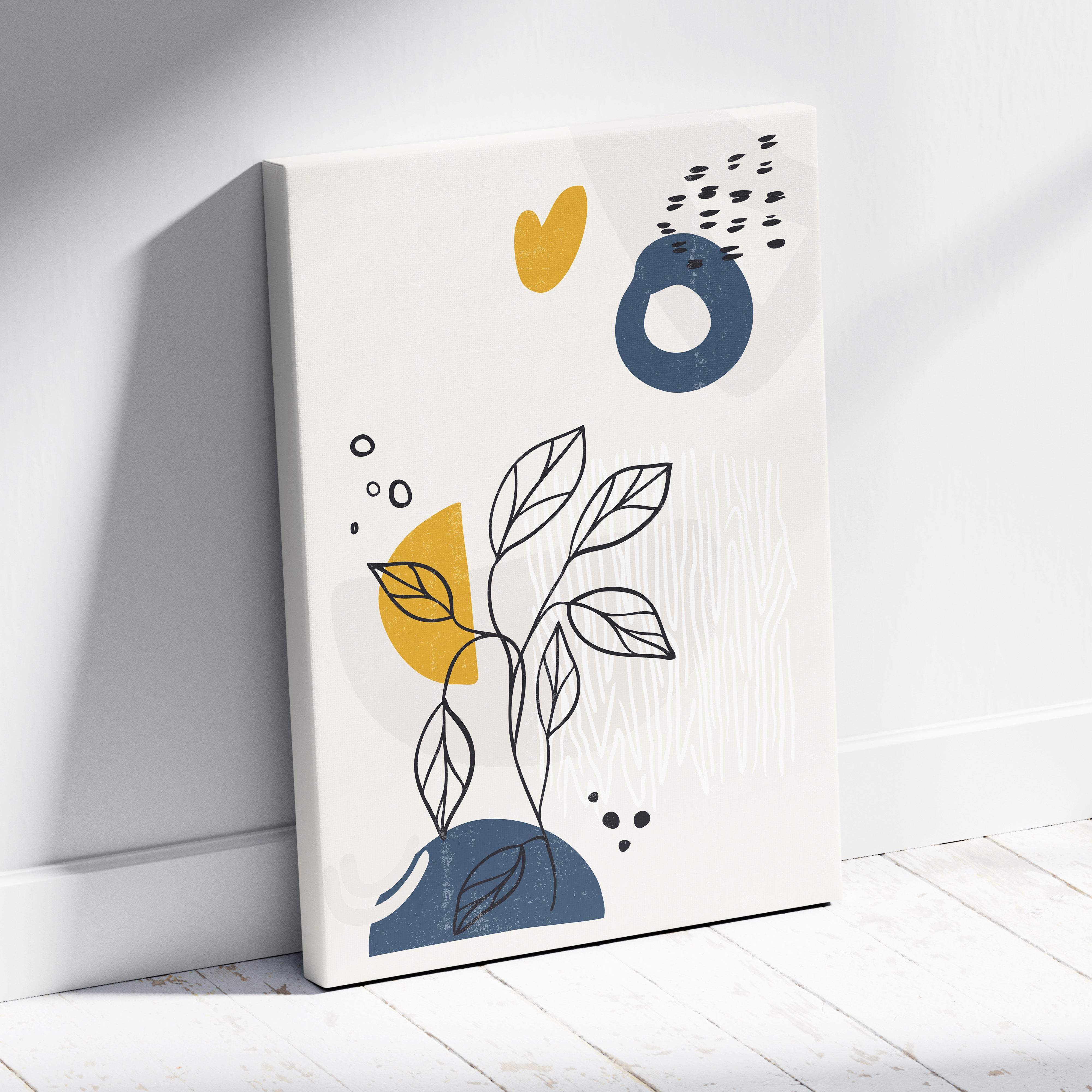 Boho abstract botanical canvas wall art with black line leaves and mustard yellow navy blue geometric shapes on beige background