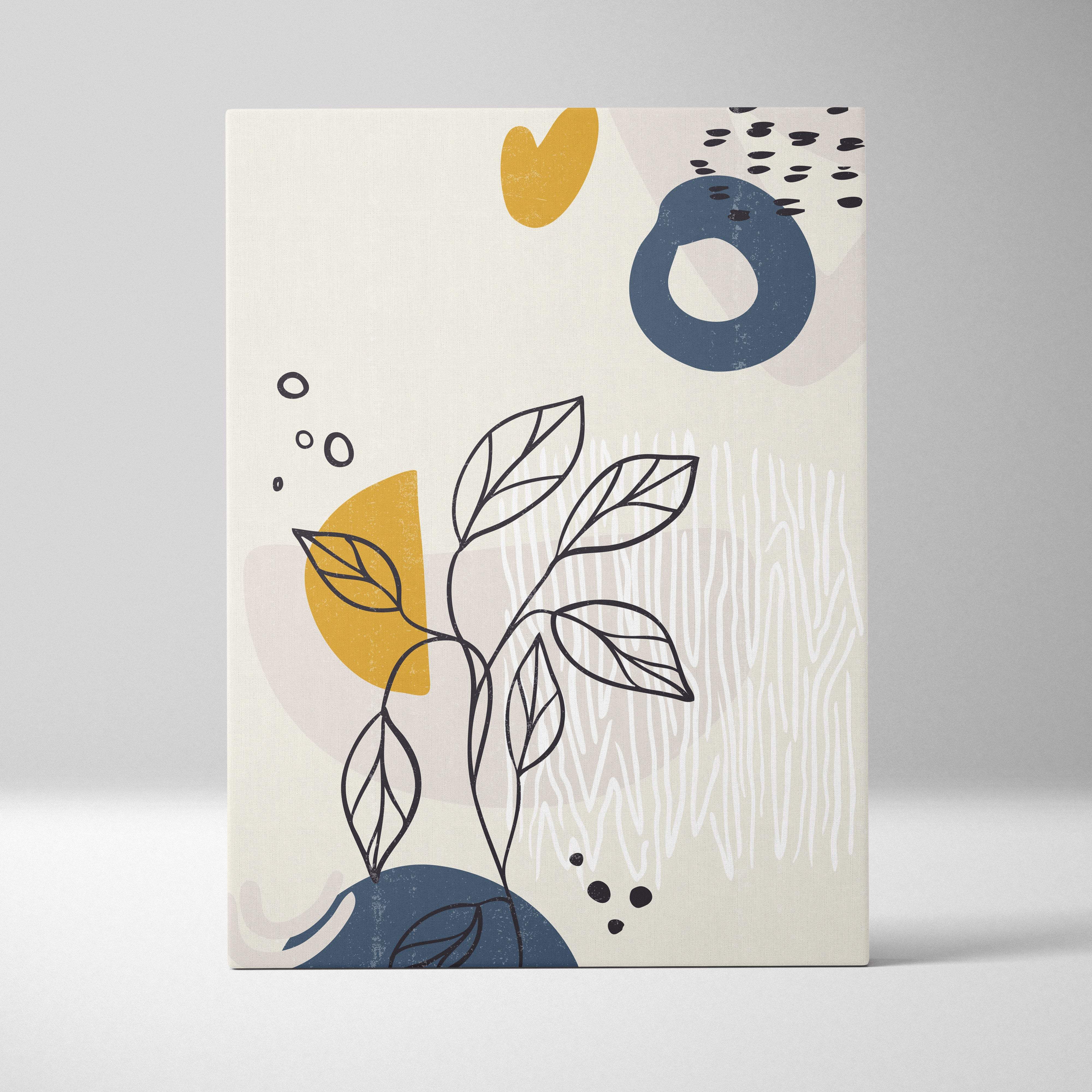 Boho abstract botanical canvas wall art with minimalist black leaf lines and bold mustard yellow navy blue shapes on cream