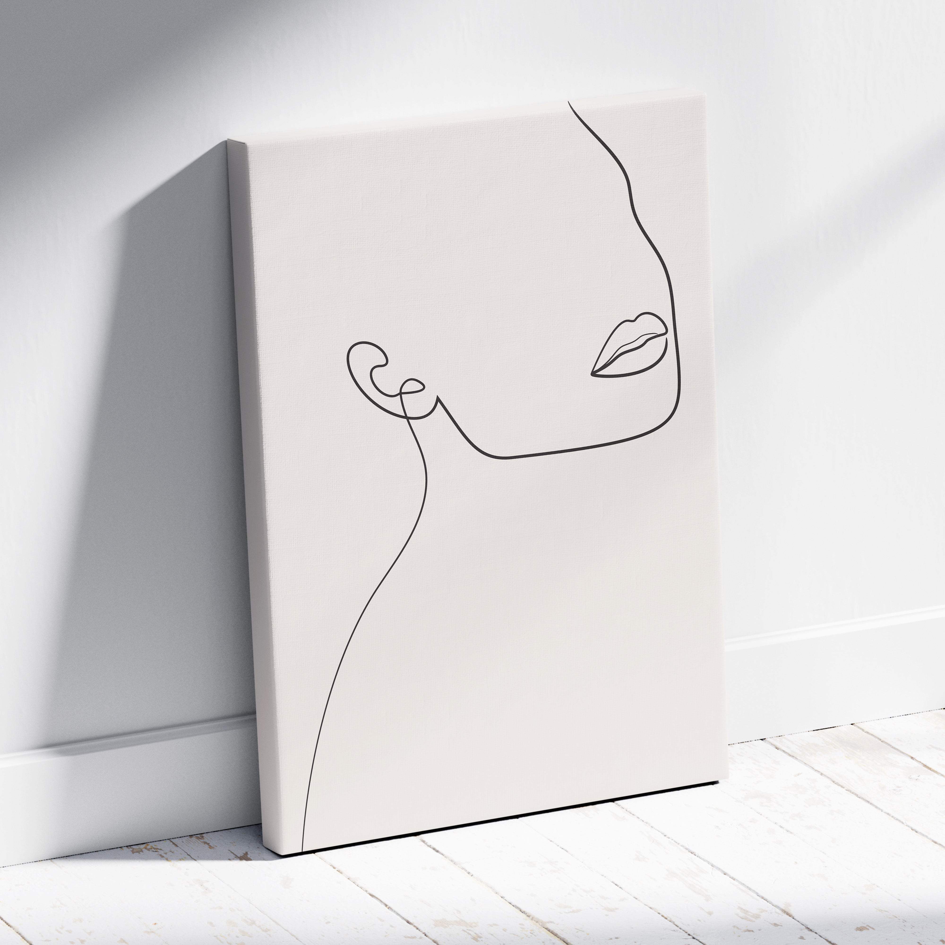 Boho minimalist line art face canvas wall art with delicate black line drawing on neutral beige background for modern decor