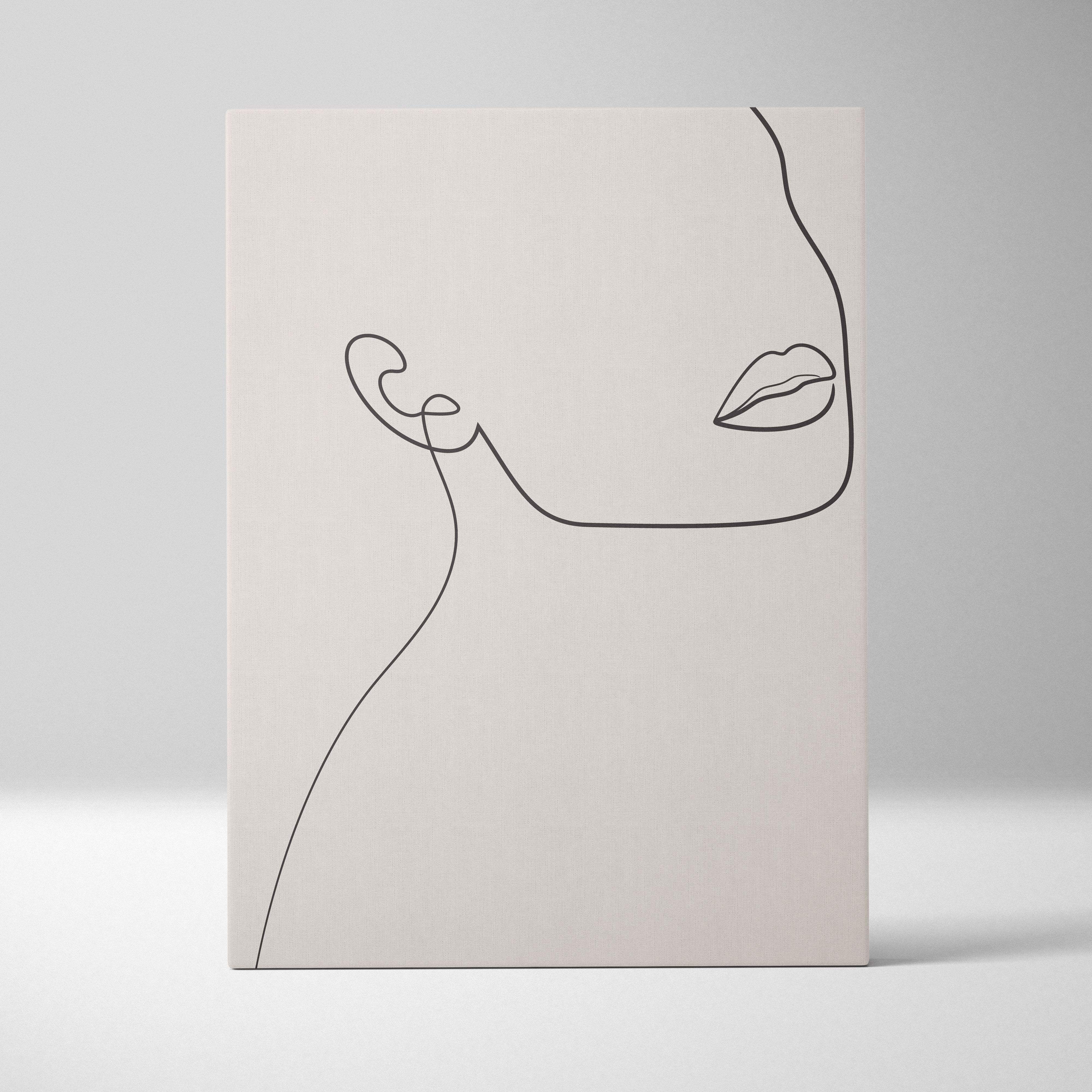 Boho minimalist line art canvas wall art featuring a delicate black line drawing of a woman on neutral beige background