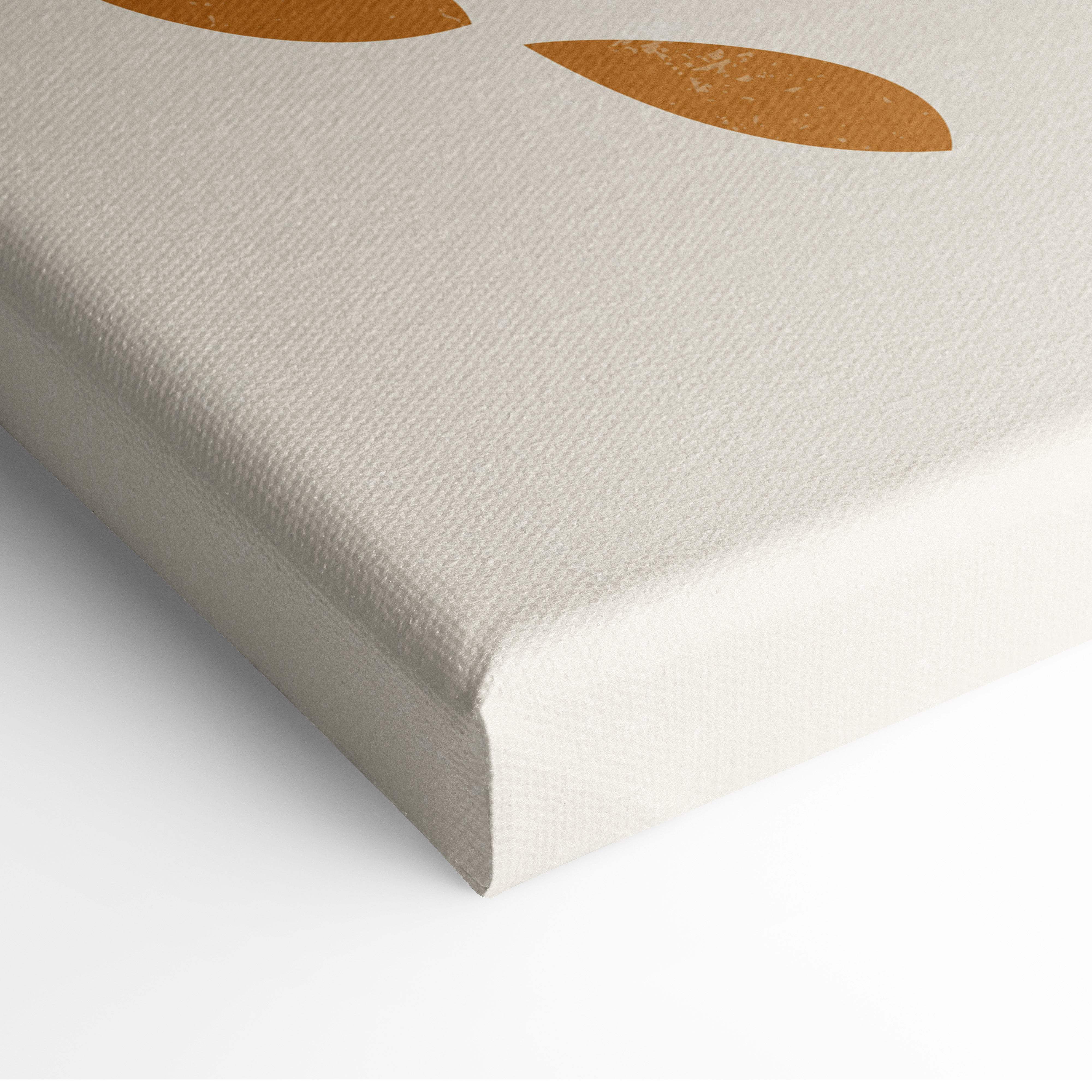 Beige canvas print featuring minimalist golden-brown leaf shapes in terracotta dusty blue and neutral beige boho decor