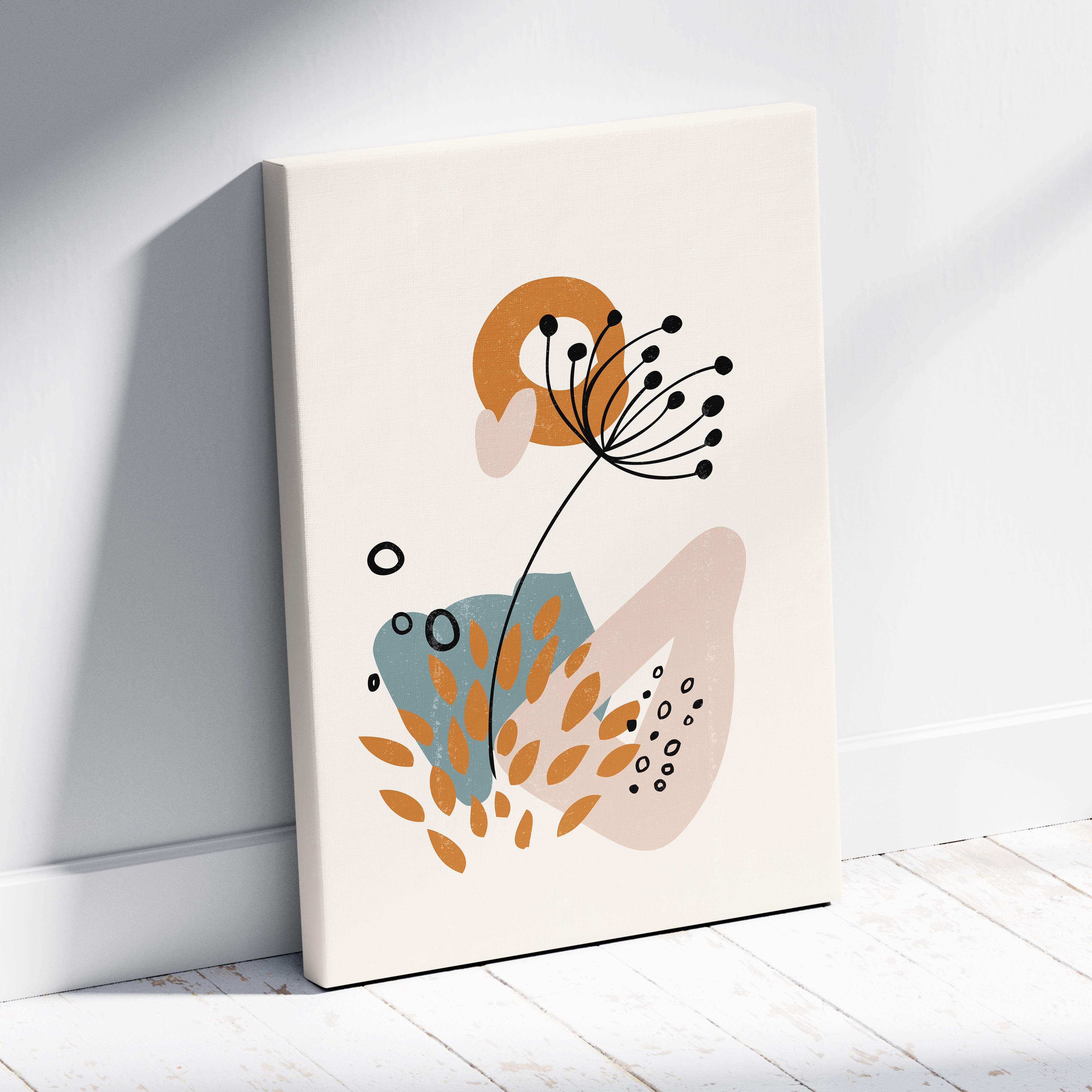 A modern abstract canvas print with stylized botanical elements in terracotta dusty blue and neutral beige colors