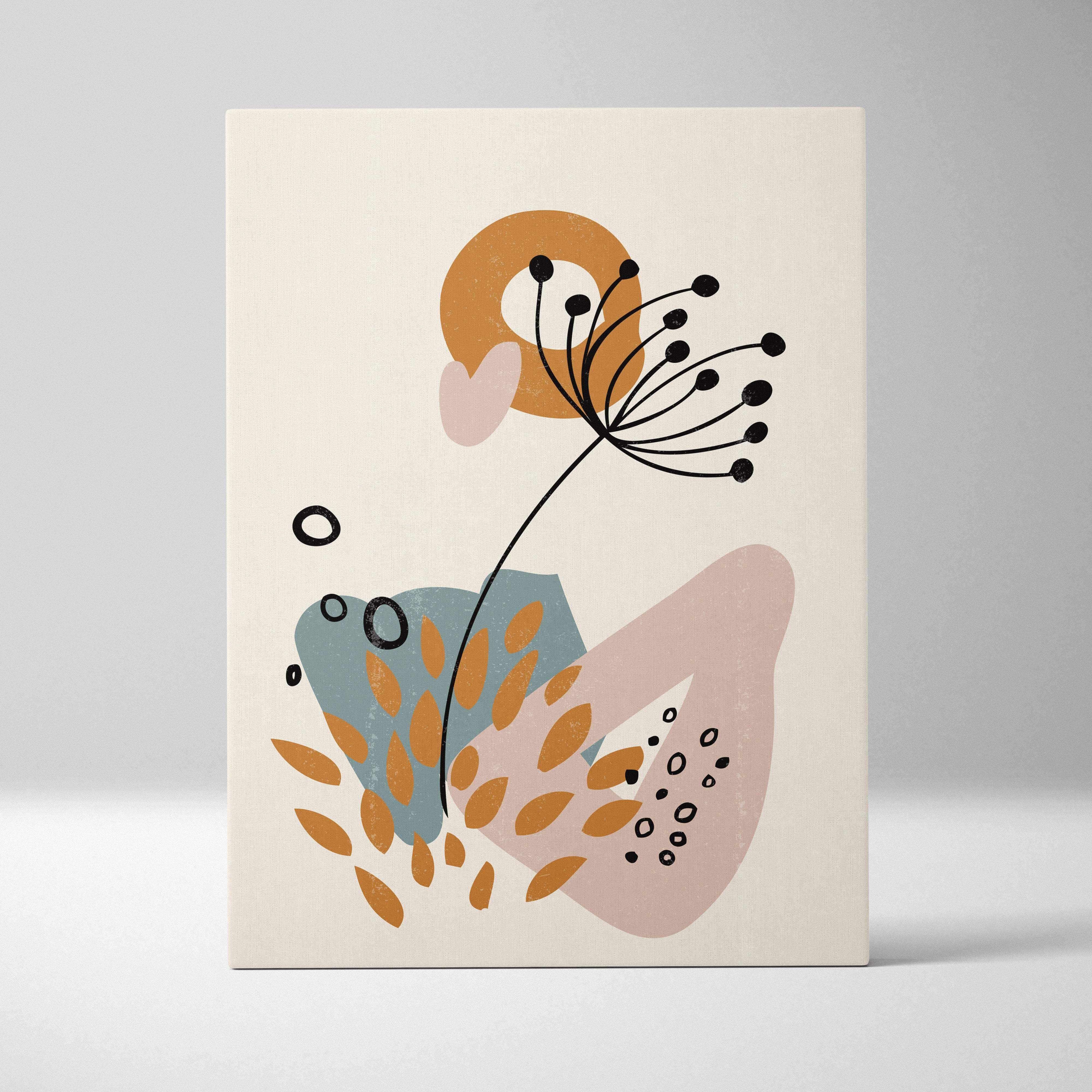 Boho abstract botanical canvas wall art featuring minimalist floral line print in terracotta dusty blue and neutral beige