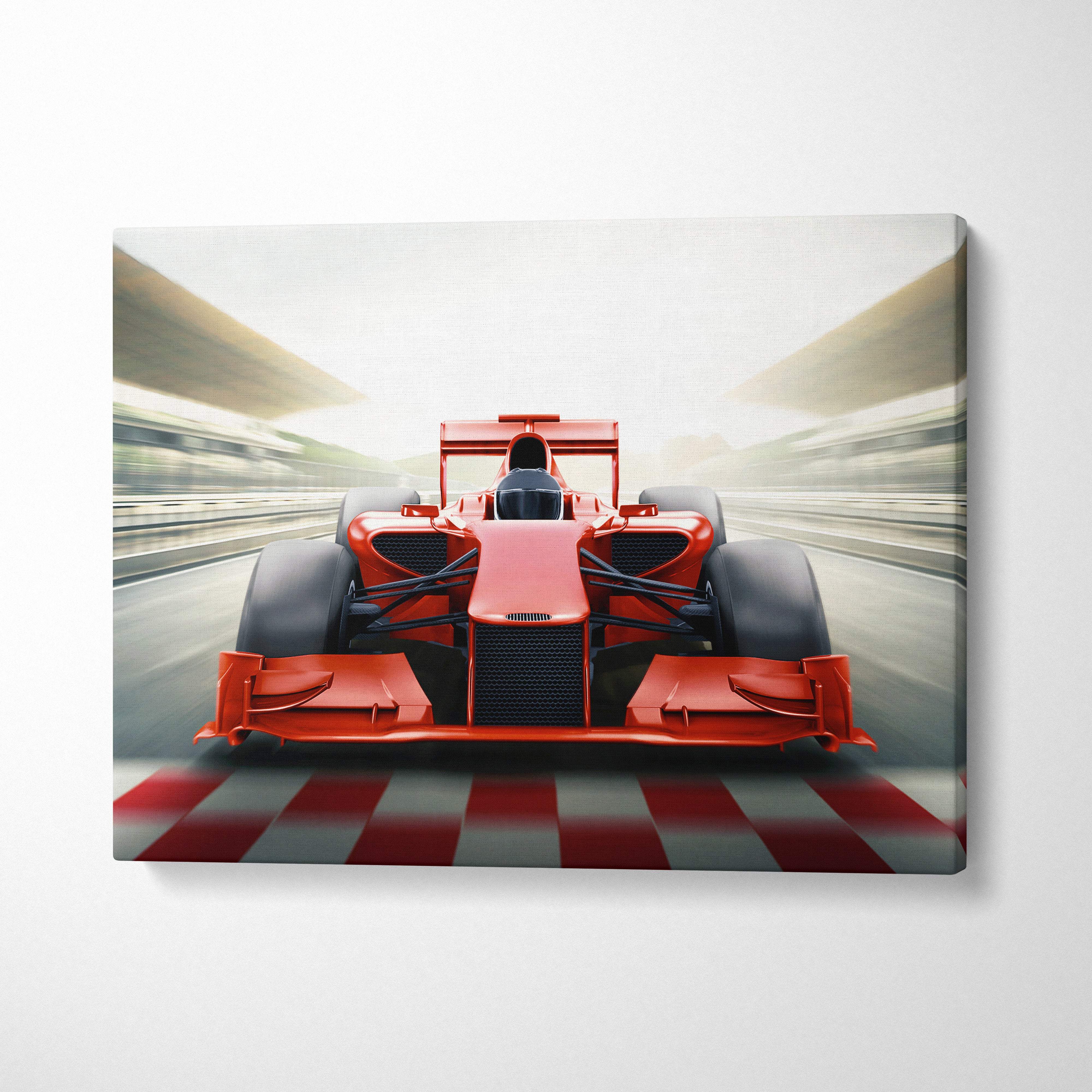 Red formula 1 race car canvas print featuring high speed motorsport digital art for garage office or gaming room decor