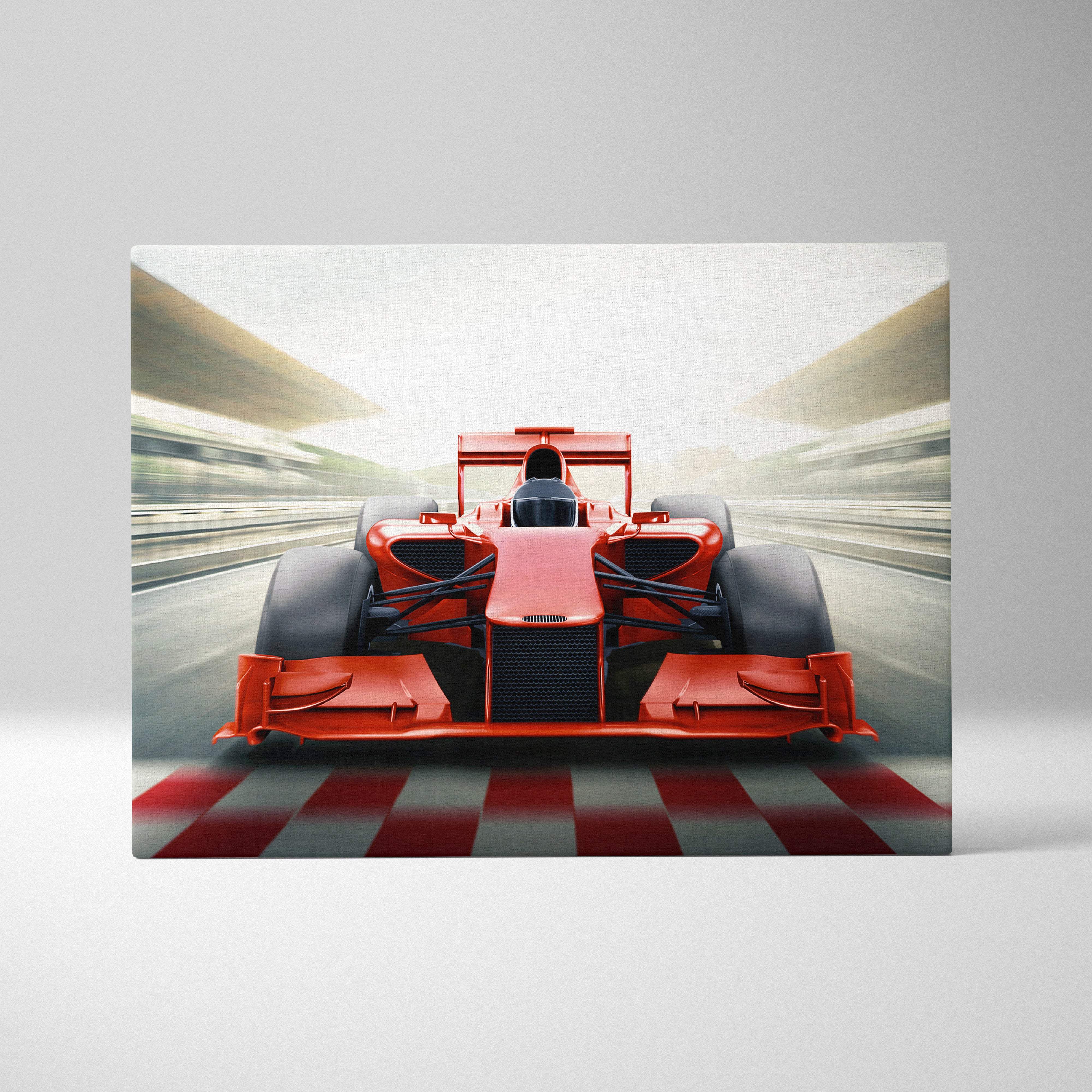 Red formula 1 race car canvas wall art print featuring a red aerodynamic car on a checkered finish line for modern interiors