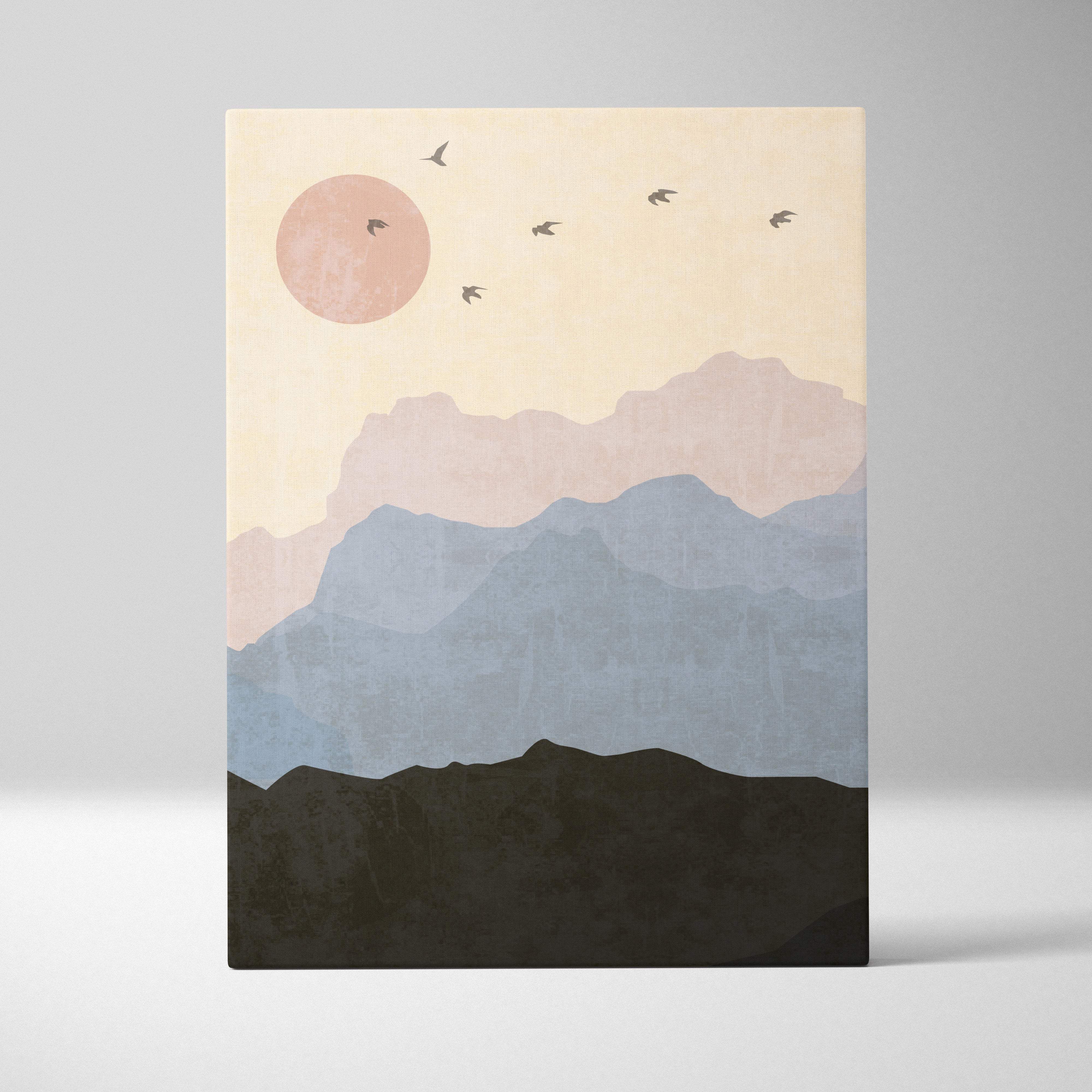 Boho mountain landscape canvas wall art featuring pastel blues beige and earth tones with sunset and birds design