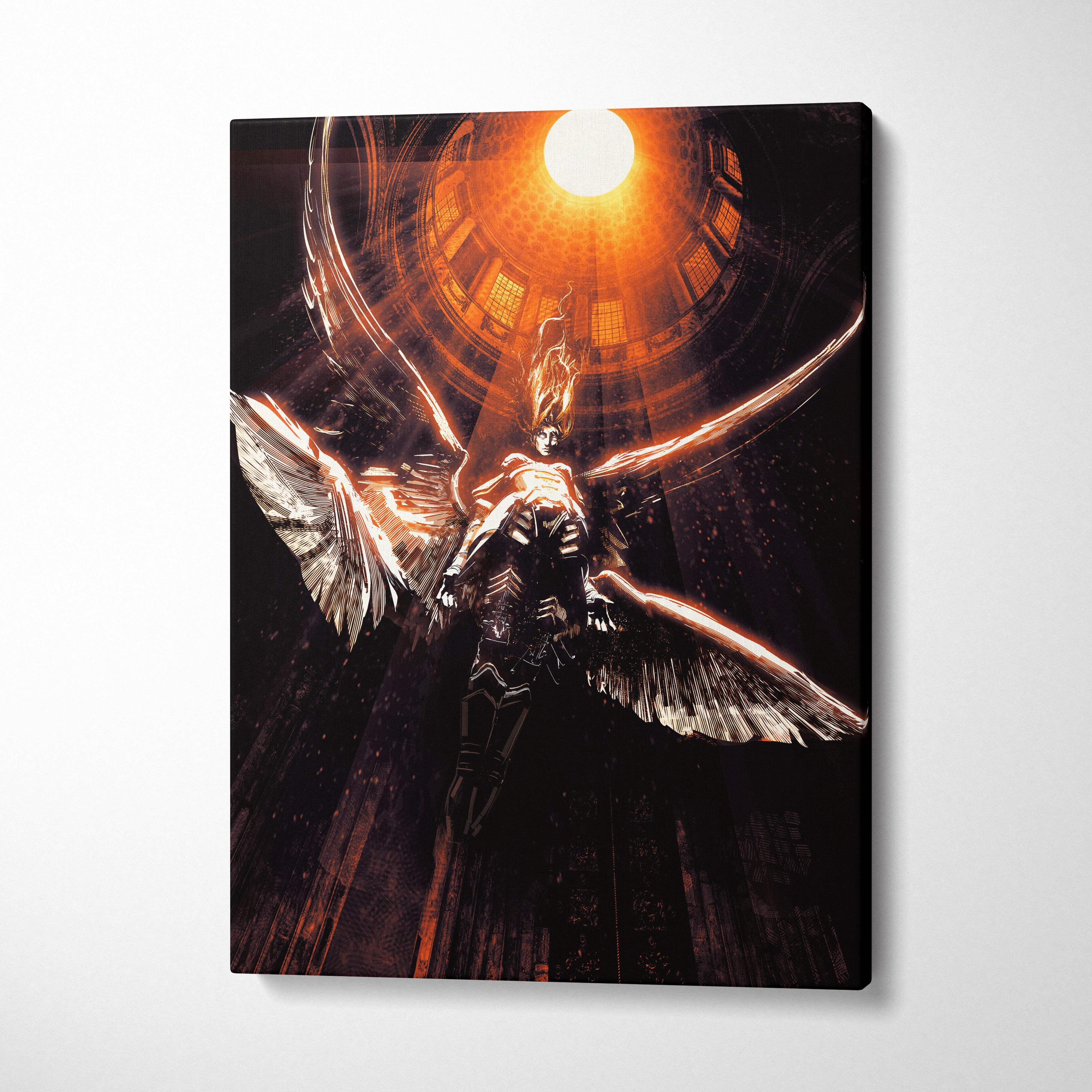 Black and orange canvas art of a celestial fallen angel with glowing golden wings and fiery hair in gothic cathedral light