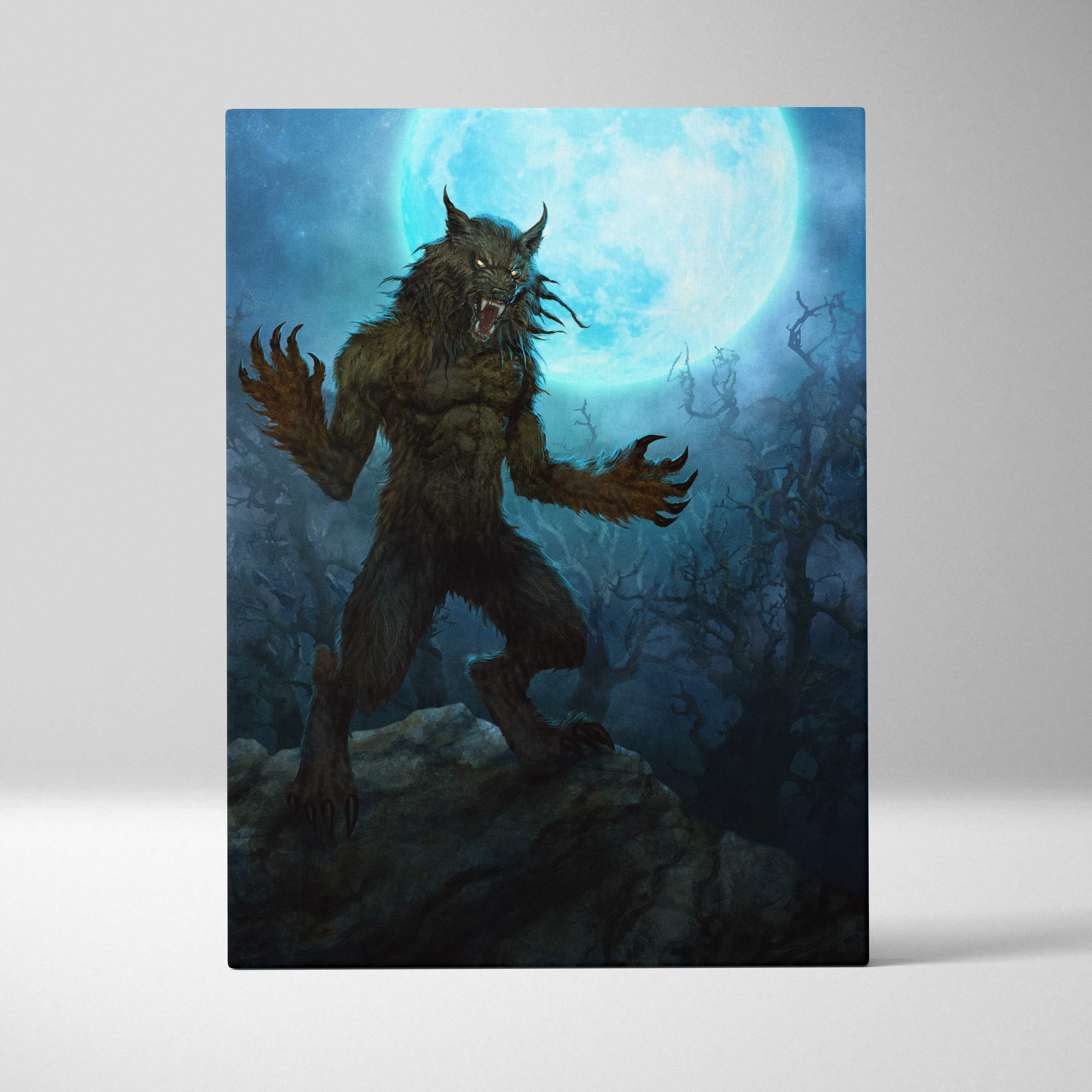 Blue black werewolf canvas wall art features a dark muscular werewolf with glowing yellow eyes under a blue moon