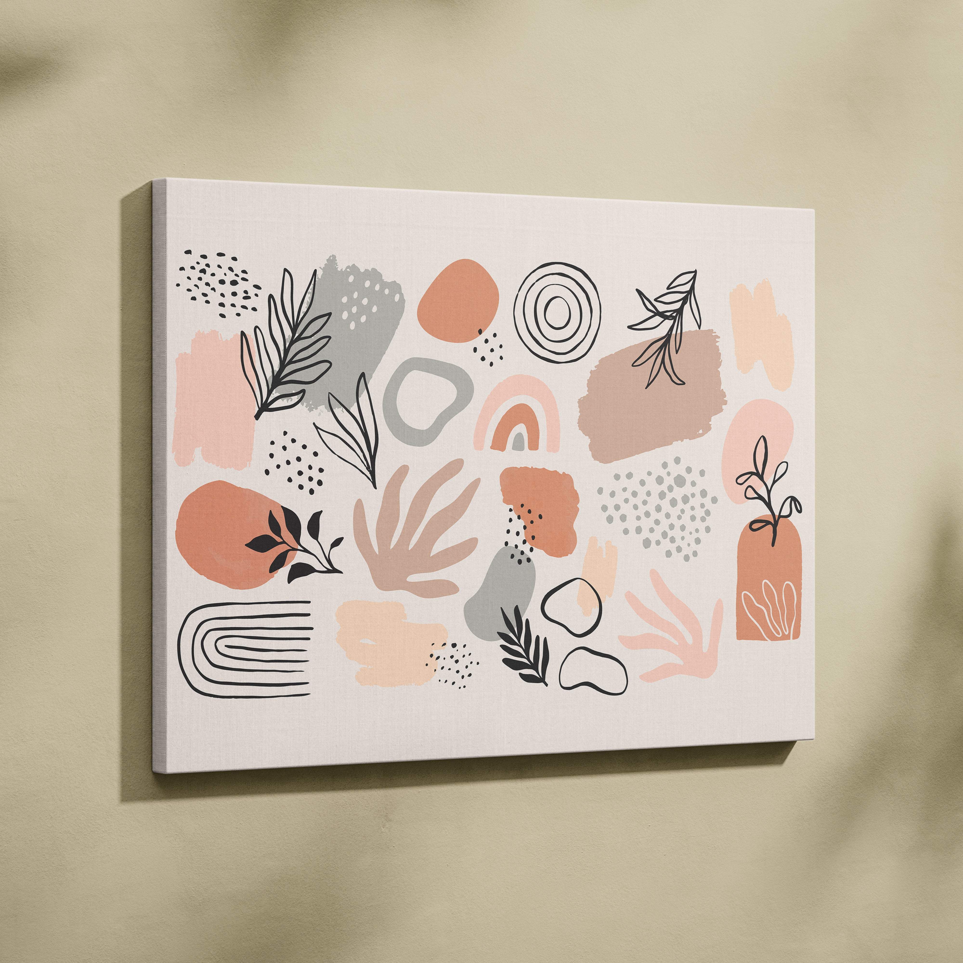 A modern abstract canvas wall art with pastel peach gray and black botanical illustrations on white background
