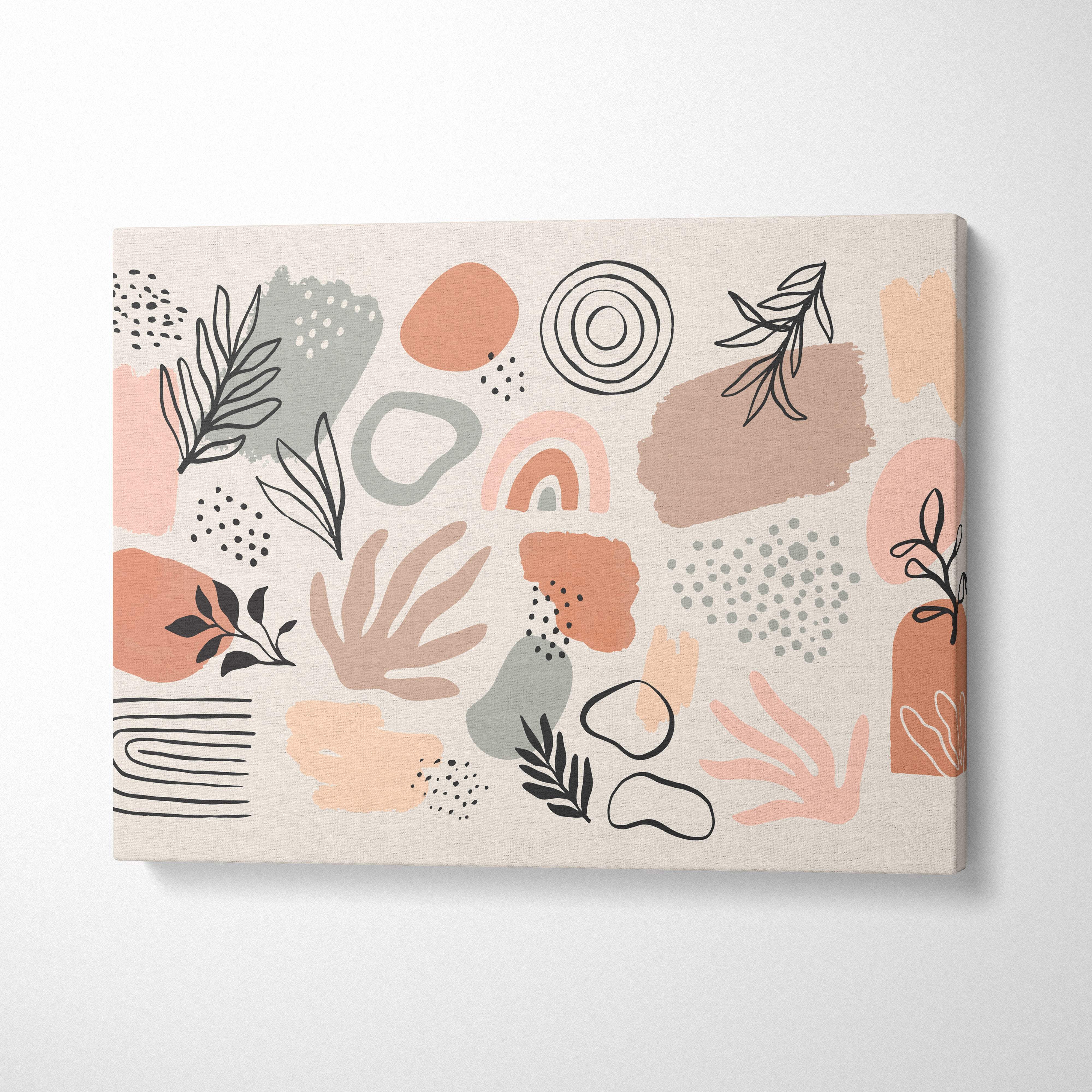 Boho abstract canvas wall art with botanical and geometric patterns in terracotta sage green on beige background