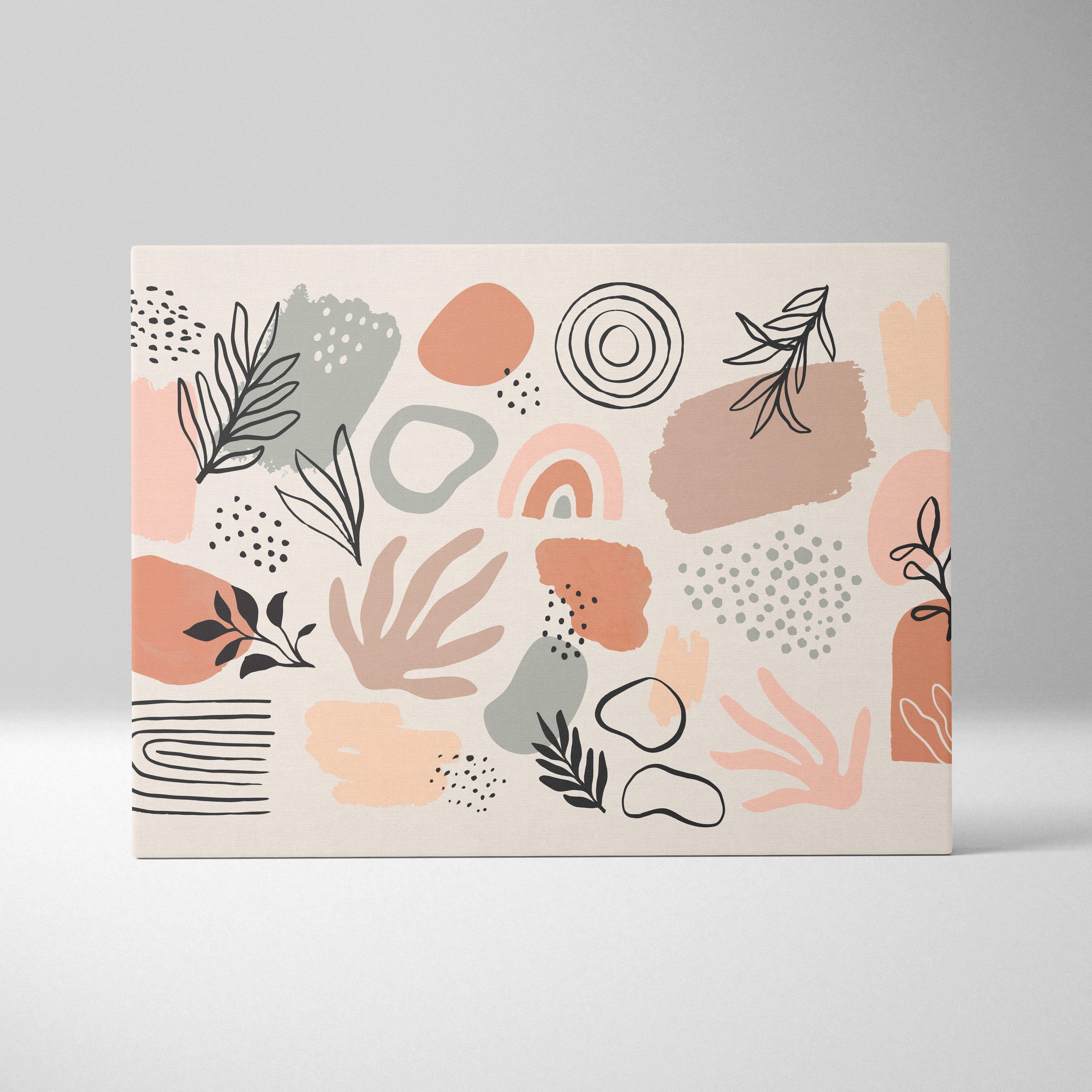 Boho abstract canvas wall art with soft peach muted gray and black botanical motifs on light cream background for living room