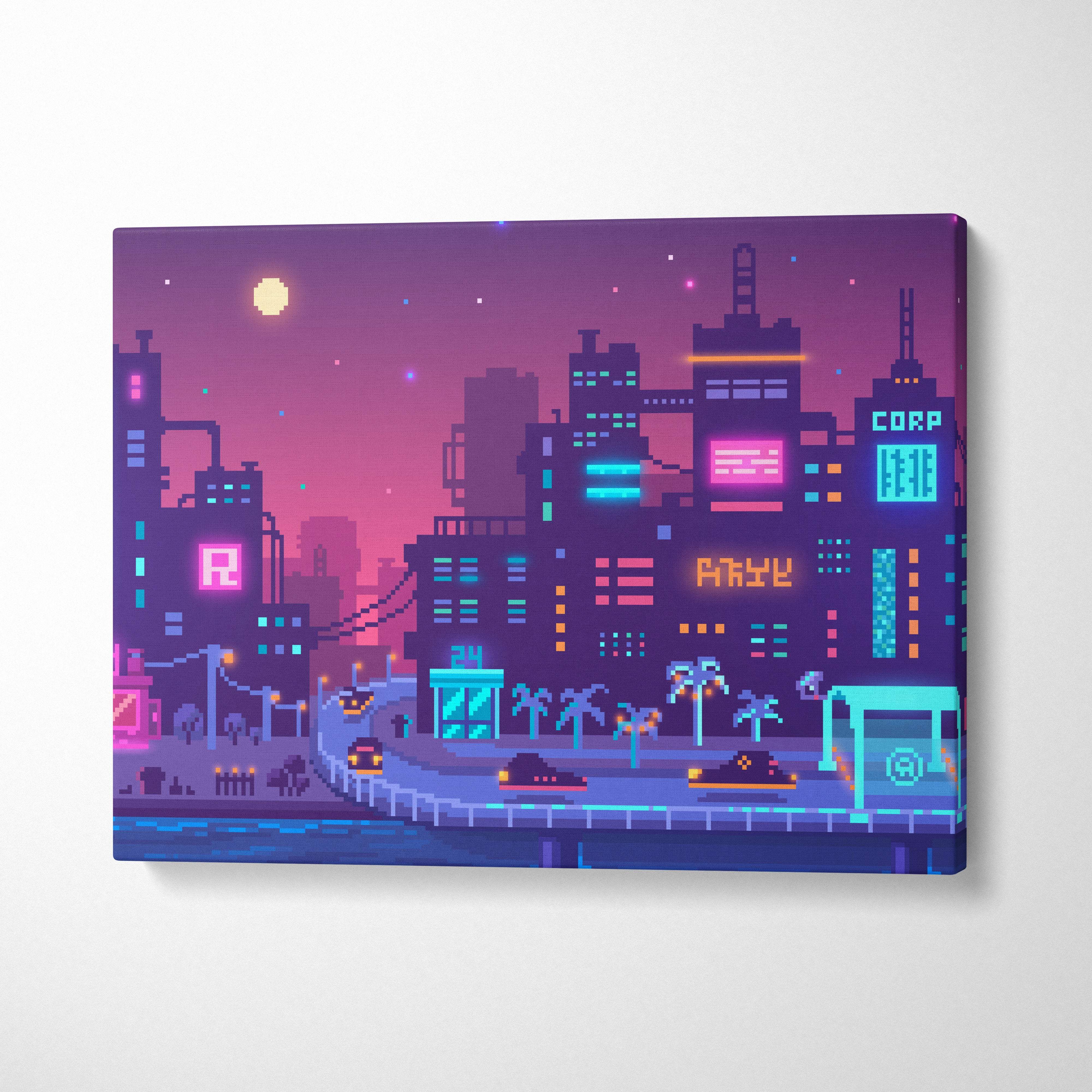 A vibrant pixel art canvas print of a purple neon cityscape at dusk with glowing signs and stylized buildings