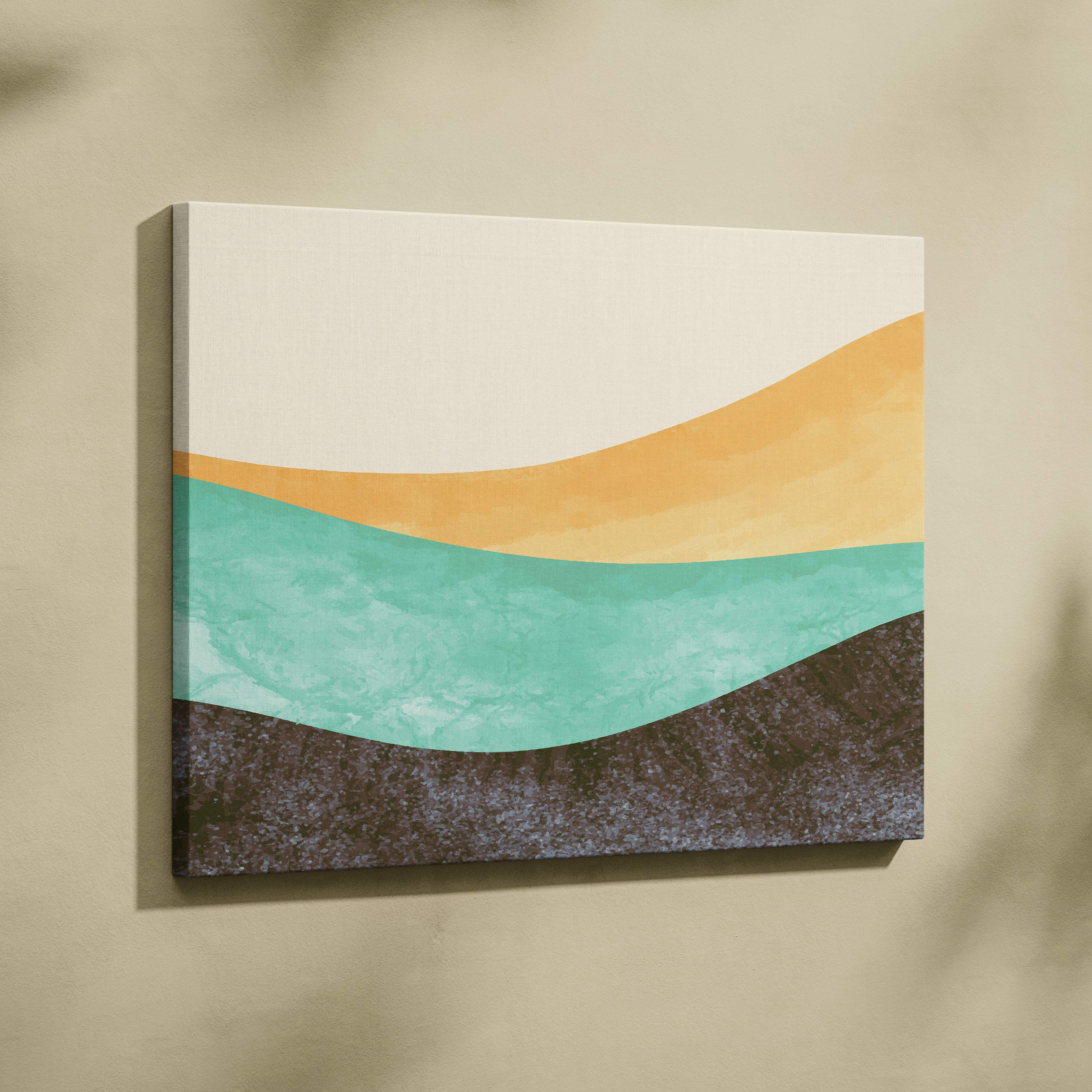 Modern abstract canvas painting with smooth horizontal bands of teal mustard cream and textured dark brown for wall art