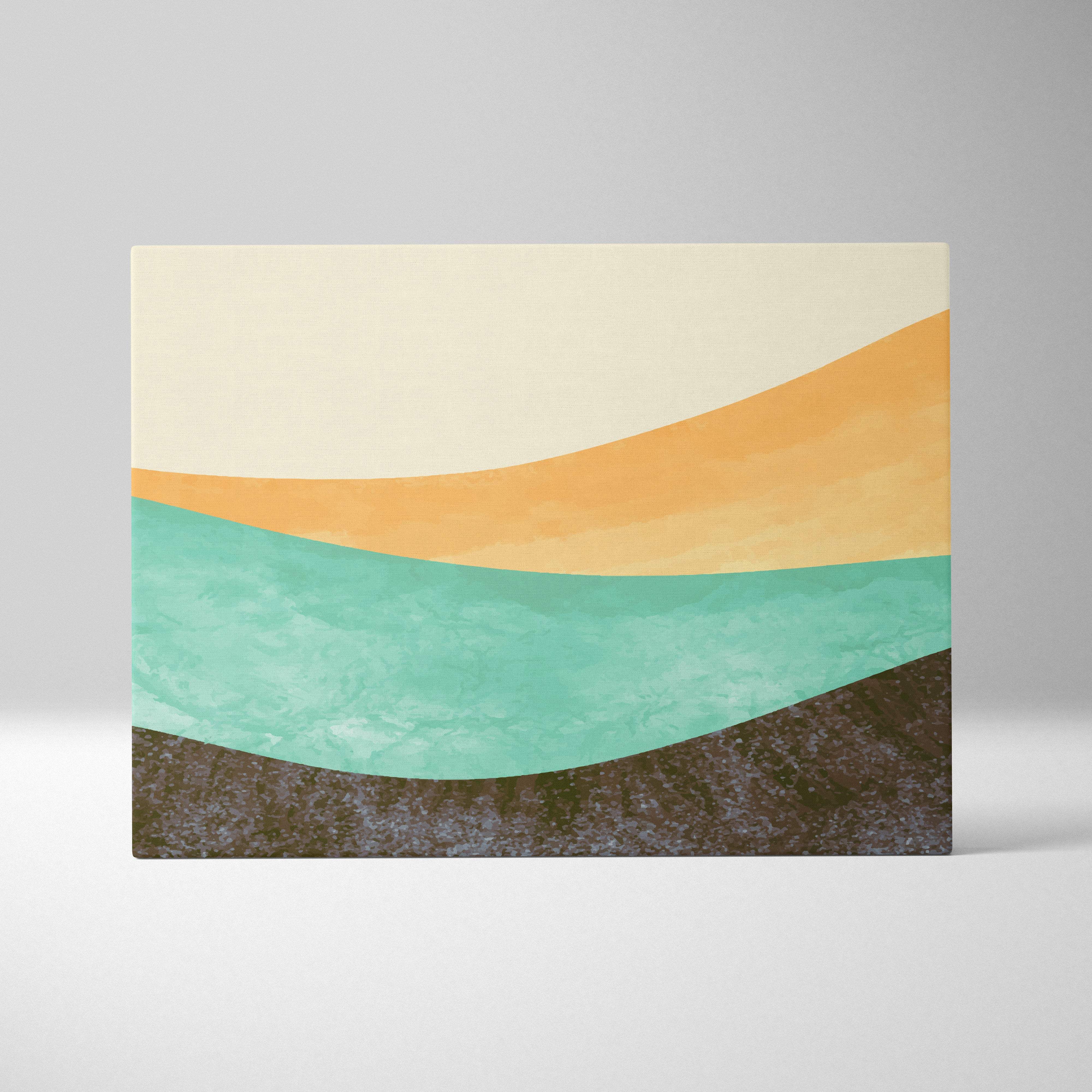Boho abstract landscape canvas wall art with smooth cream orange teal and textured dark brown bands for modern decor