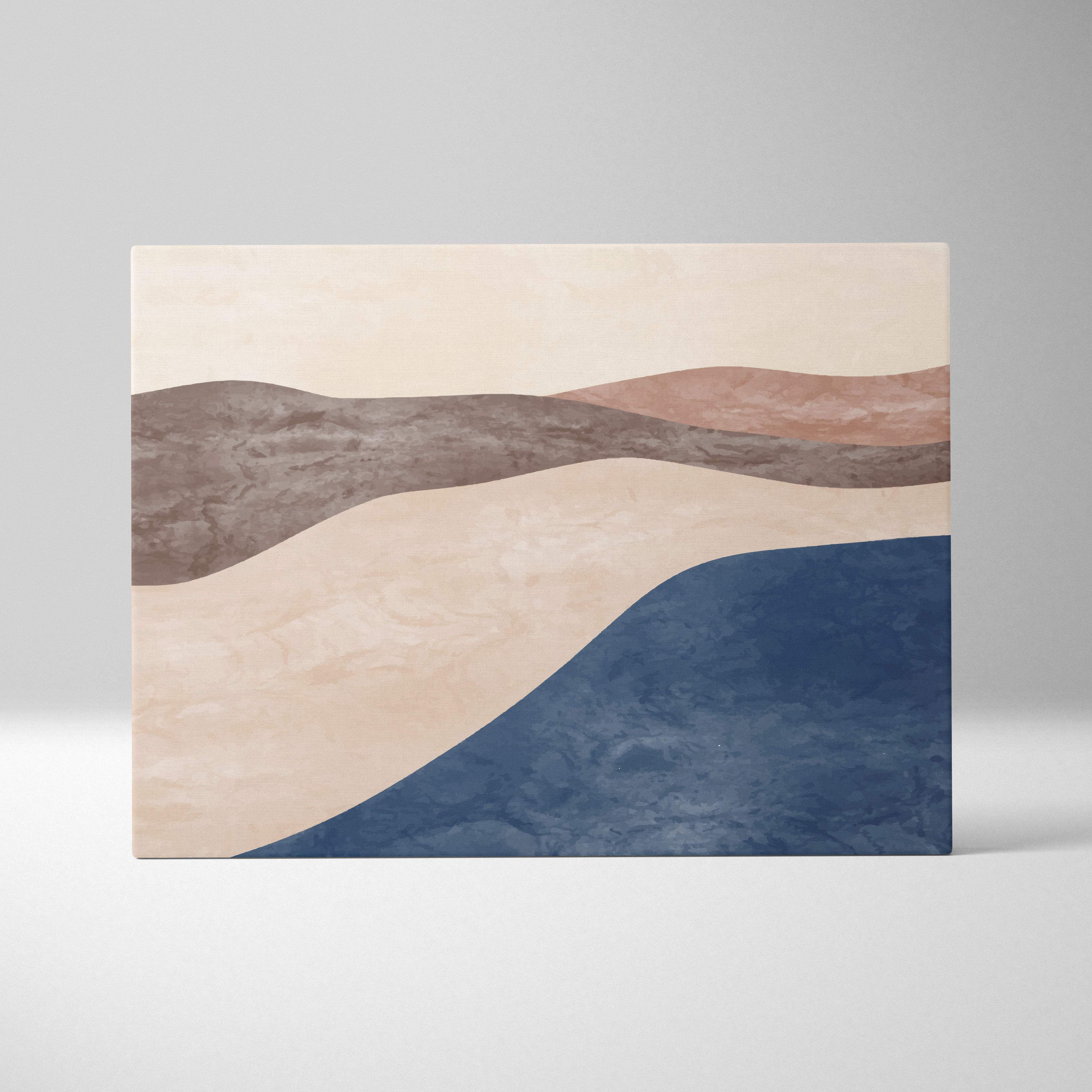 Modern abstract canvas wall art with layered wavy beige taupe and deep navy bands featuring textured stone finish