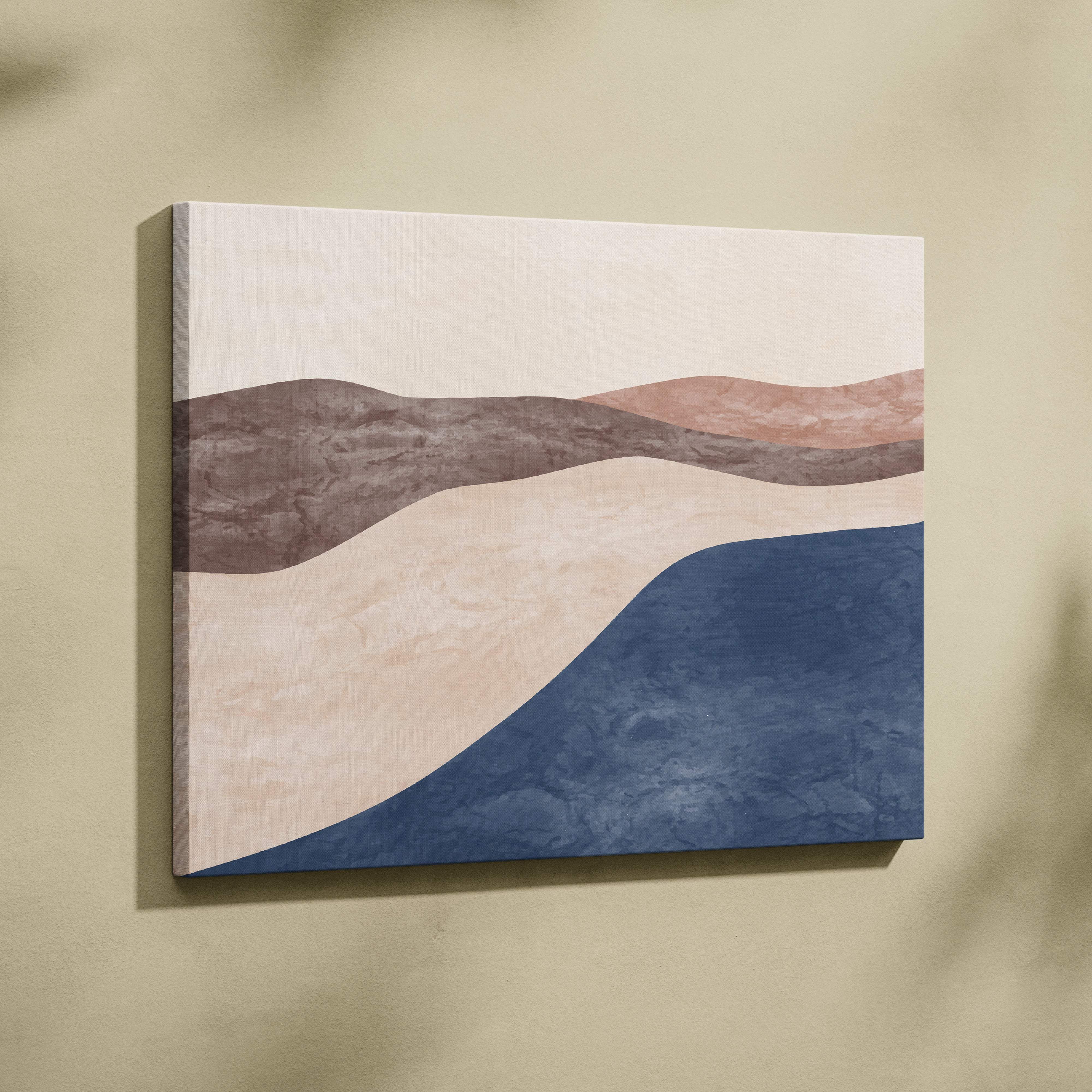 Boho abstract landscape canvas wall art with smooth wave shapes in beige taupe and deep navy for modern living spaces