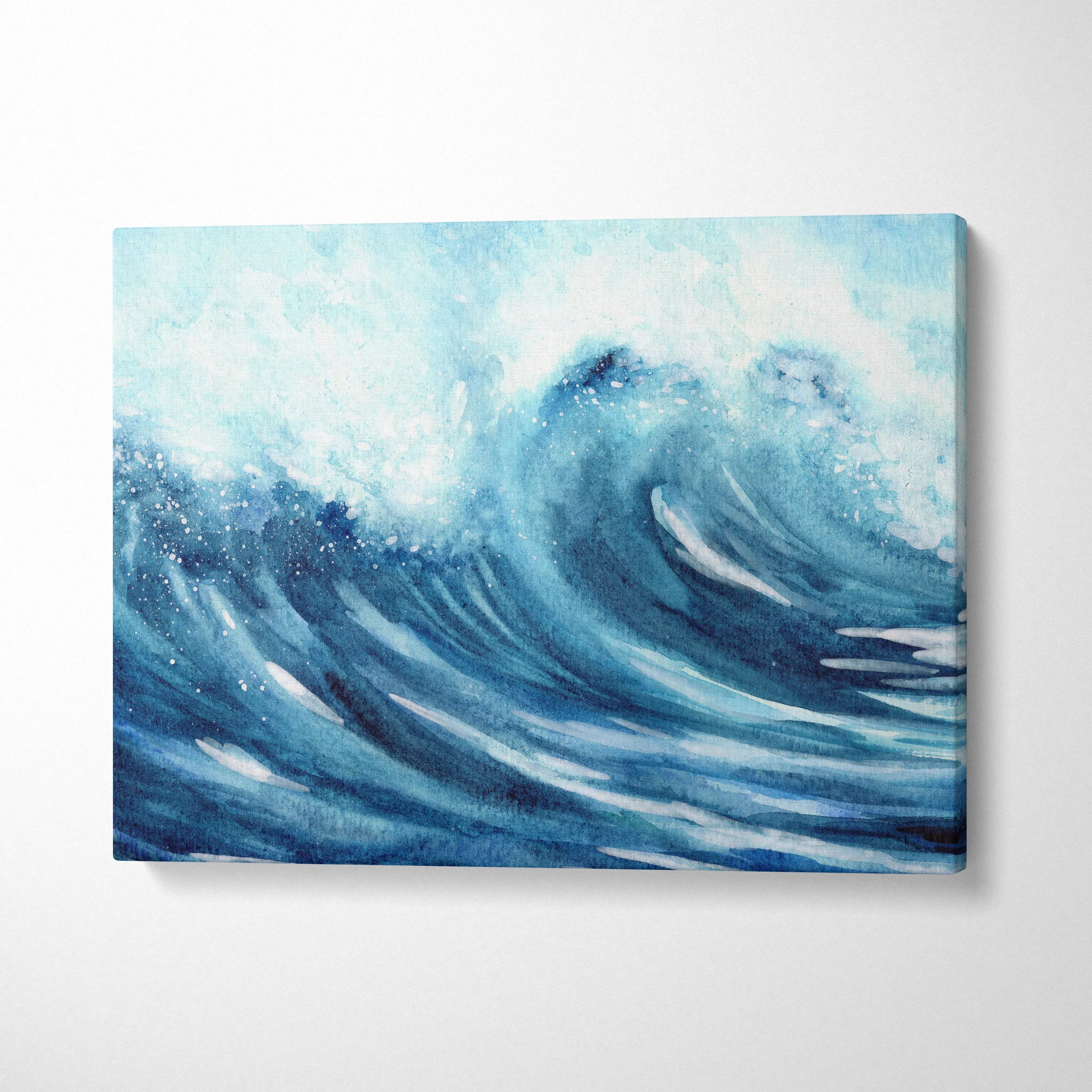 Vibrant deep blue turquoise watercolor ocean wave canvas art with white foam