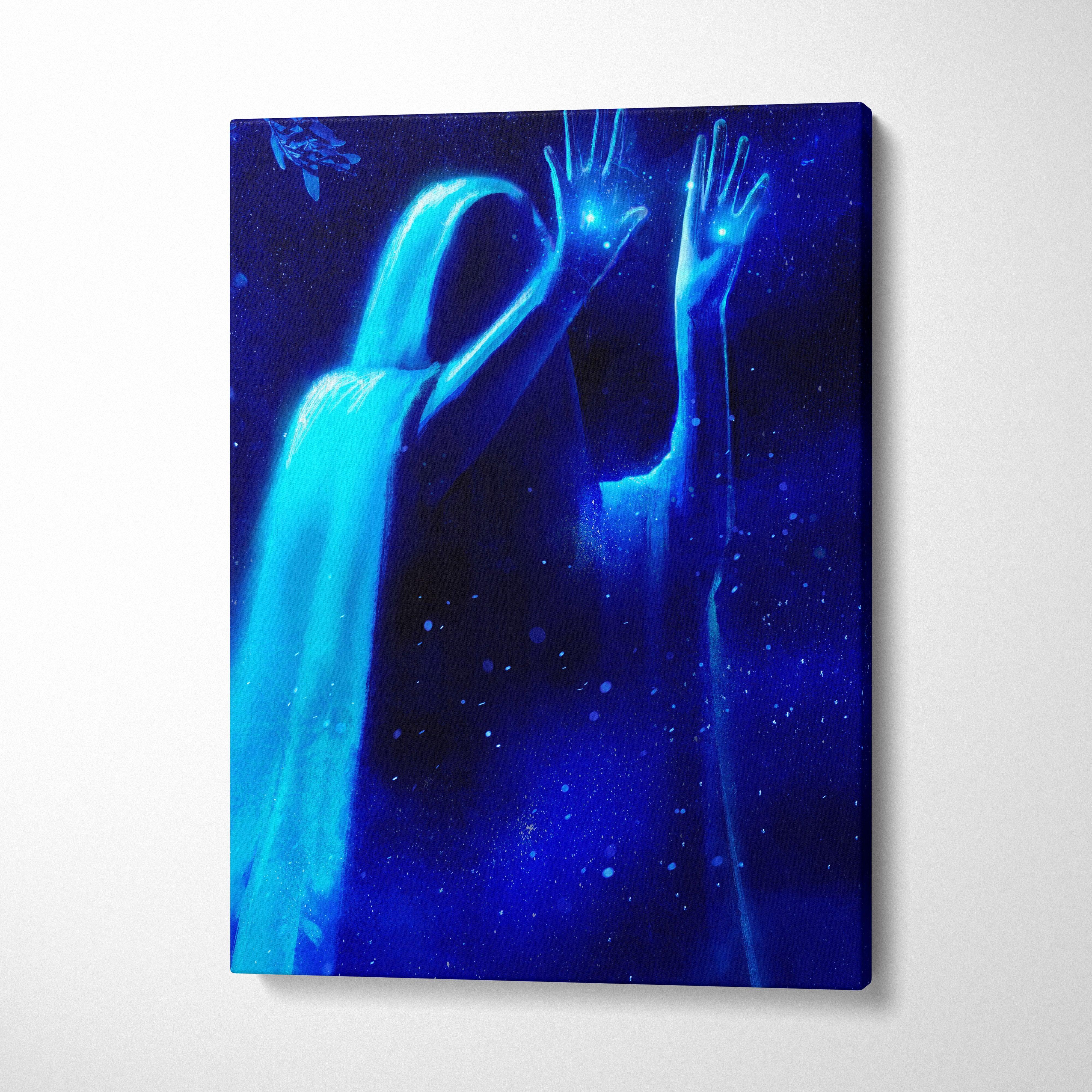 A canvas print of a glowing blue spirit figure with outstretched hands against a starry cosmic background