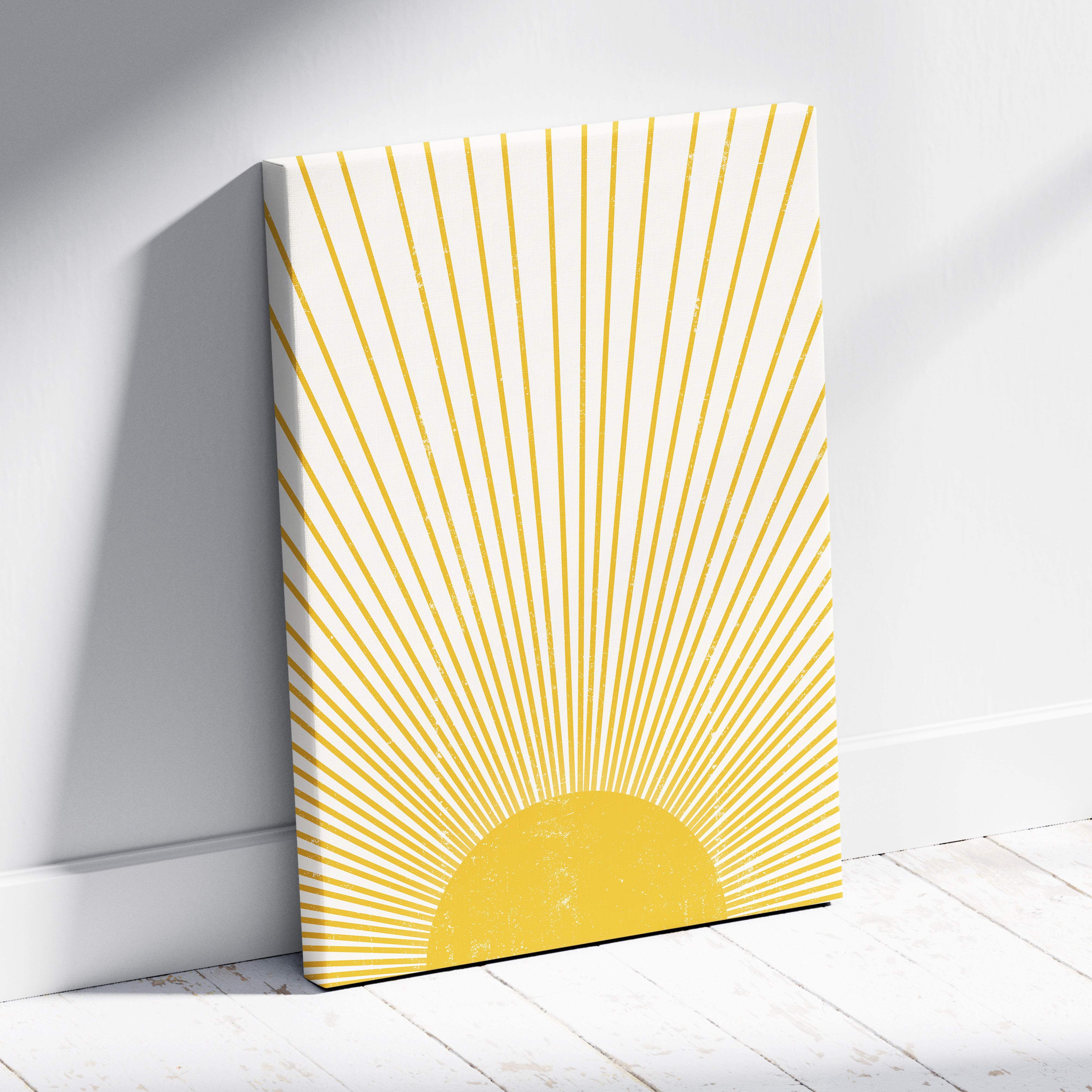 Minimalist mustard yellow sunburst canvas wall art with radiating lines for boho modern living room decor