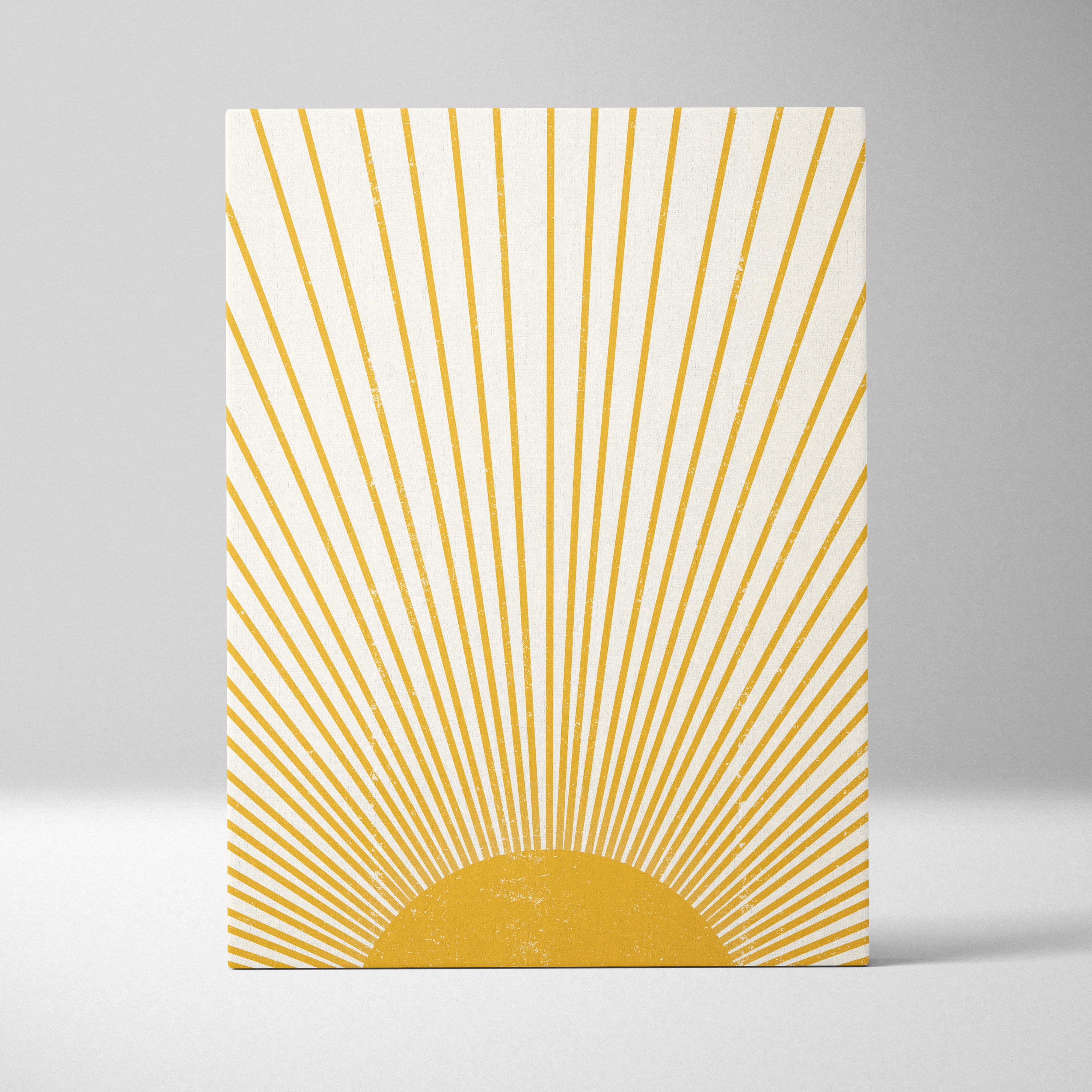 Boho sun rays canvas wall art featuring a minimalist mustard yellow sun with radiating lines on off-white background
