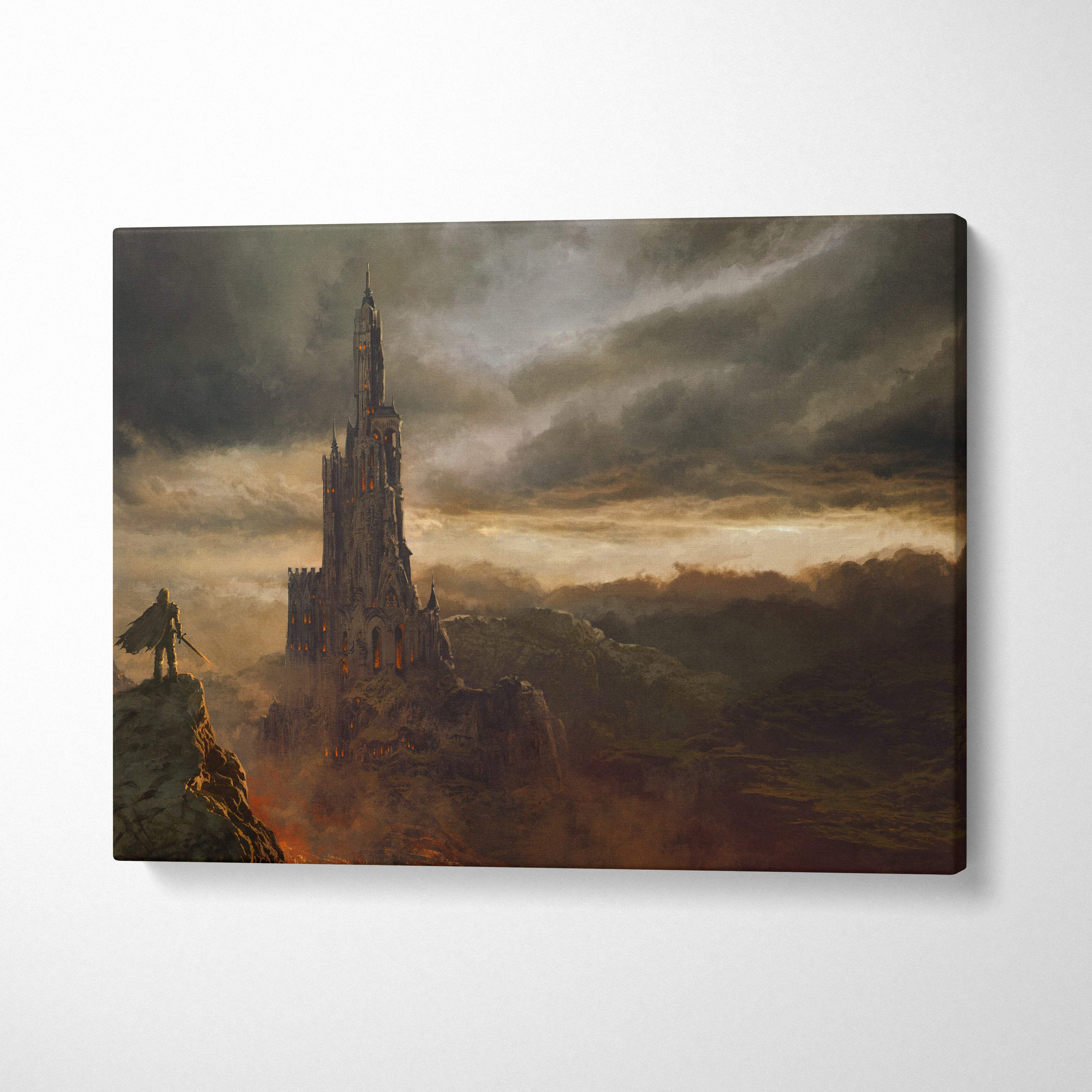 Dark fantasy tower canvas wall art featuring a gothic castle with glowing windows under stormy skies on cliffside