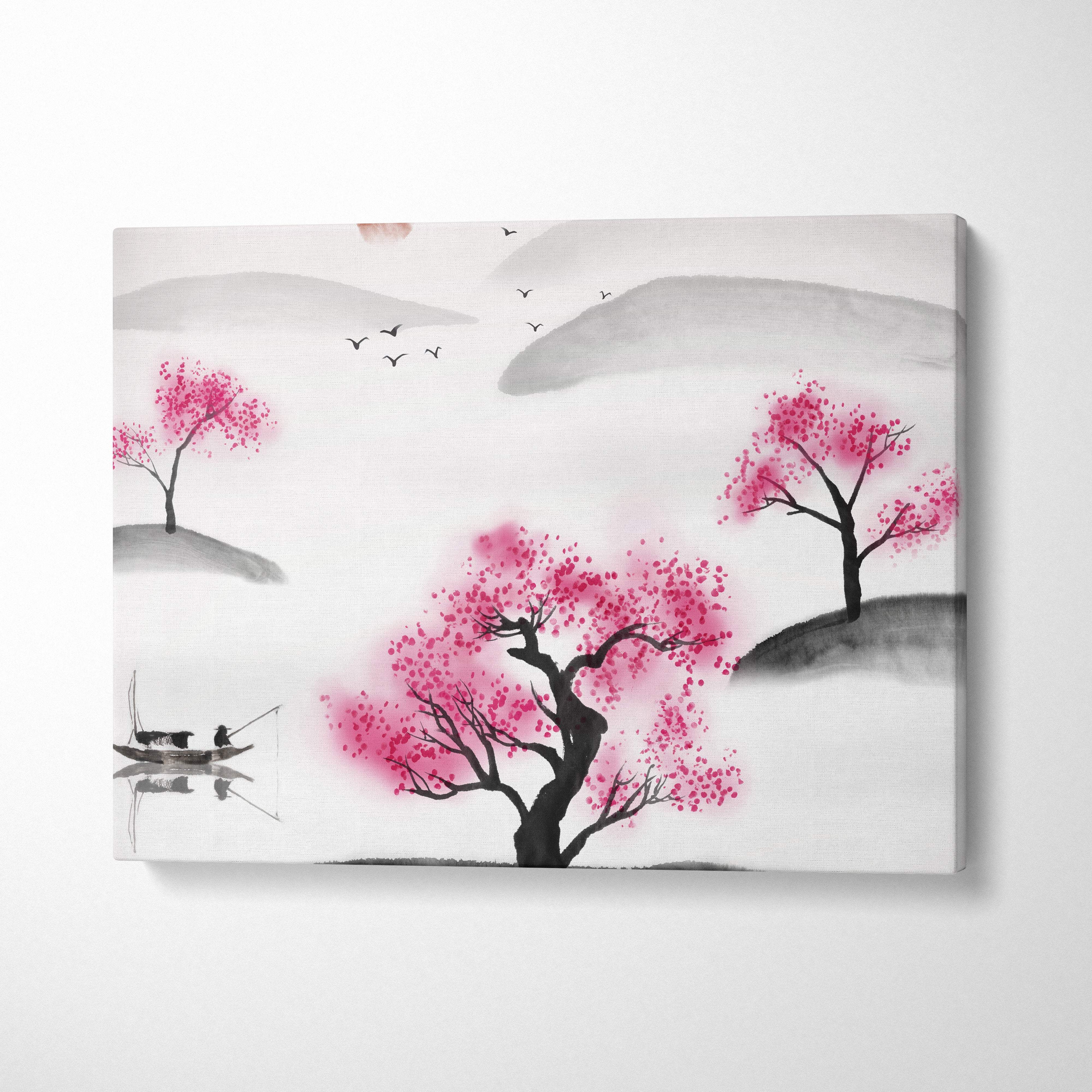Minimalist pink cherry blossom lake canvas wall art with ink-wash style trees and peaceful zen boat landscape decor