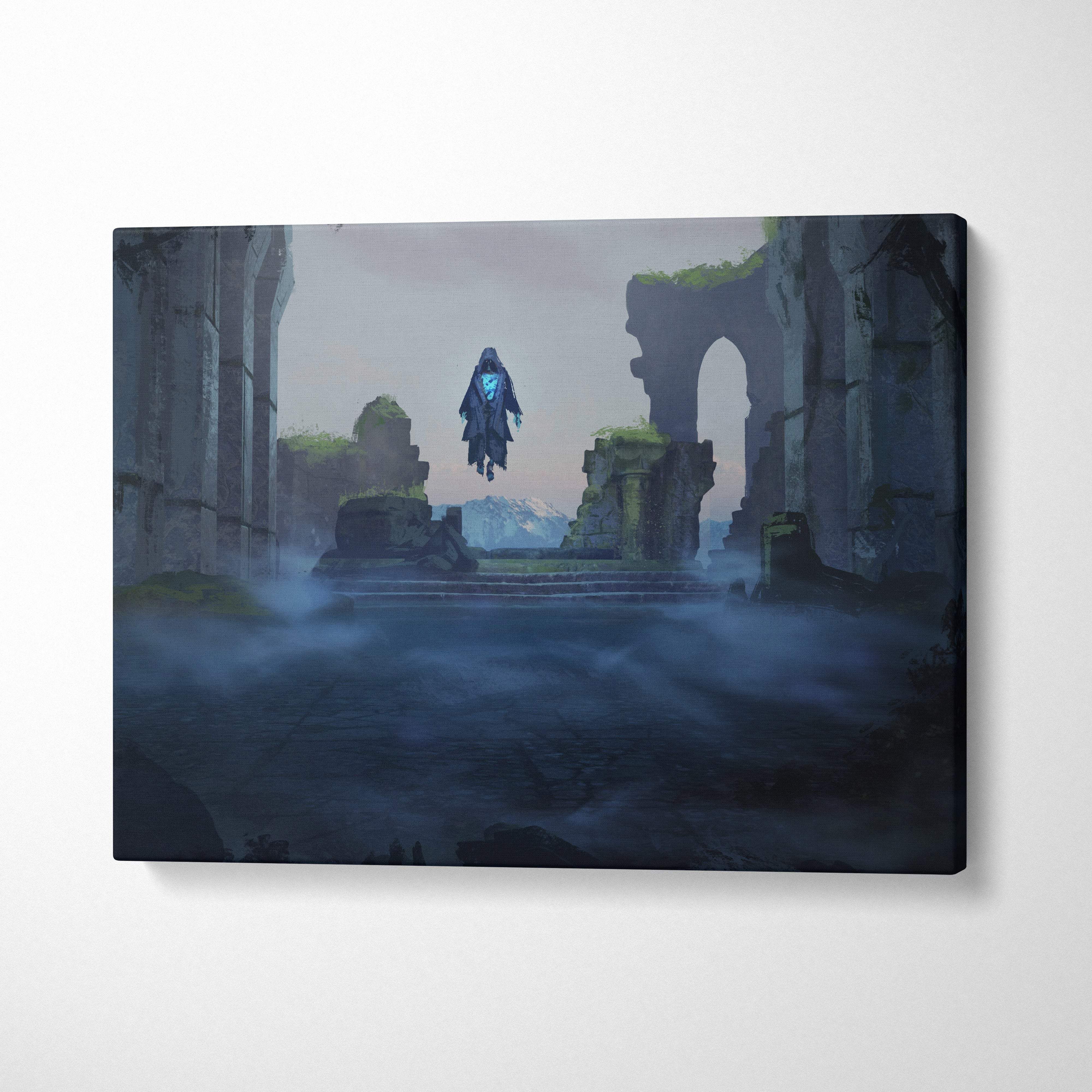 Dark fantasy ruins canvas print showing a cloaked figure floating above misty ruins with glowing blue accents