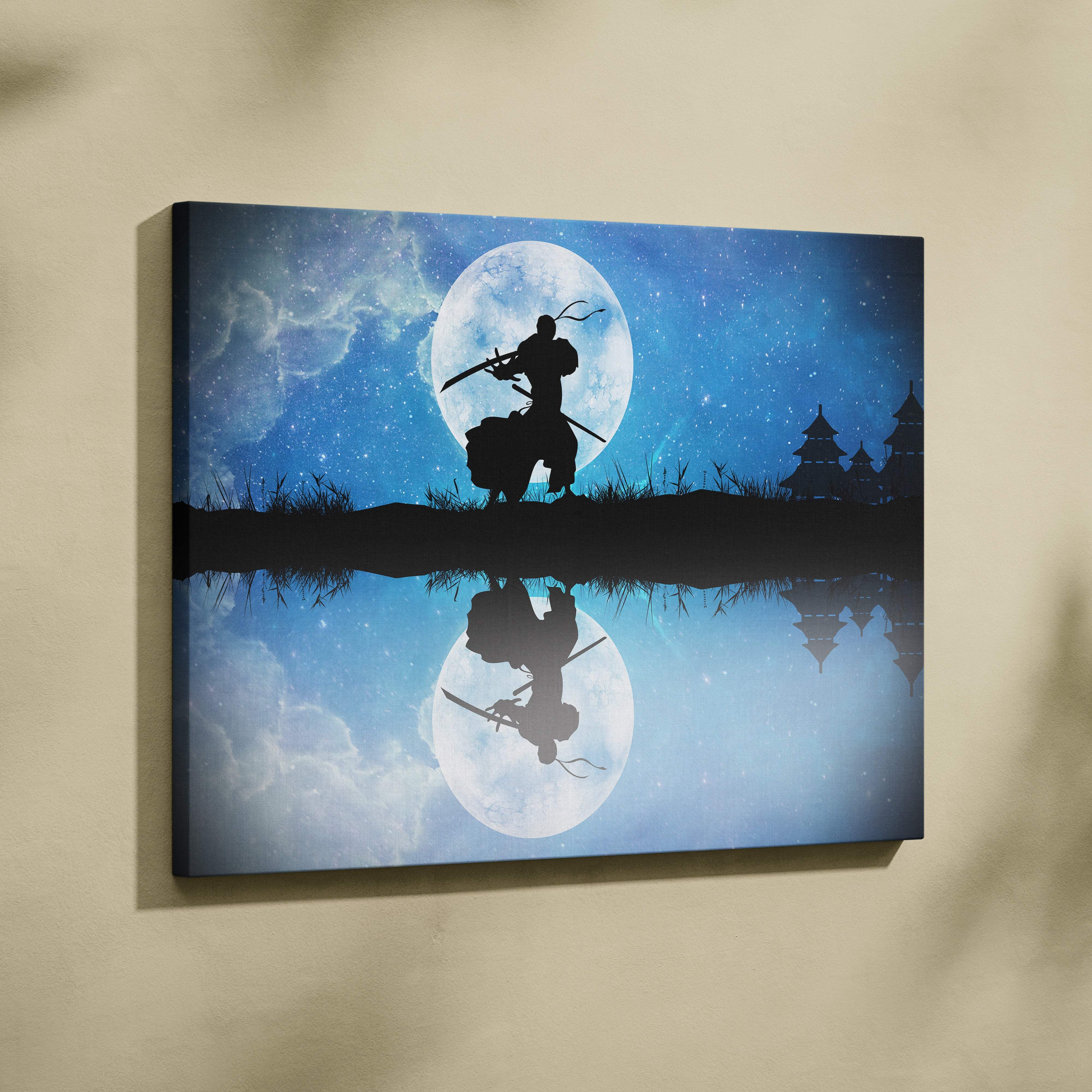 Blue canvas wall art print featuring black samurai silhouette on horseback under full moon with water reflection