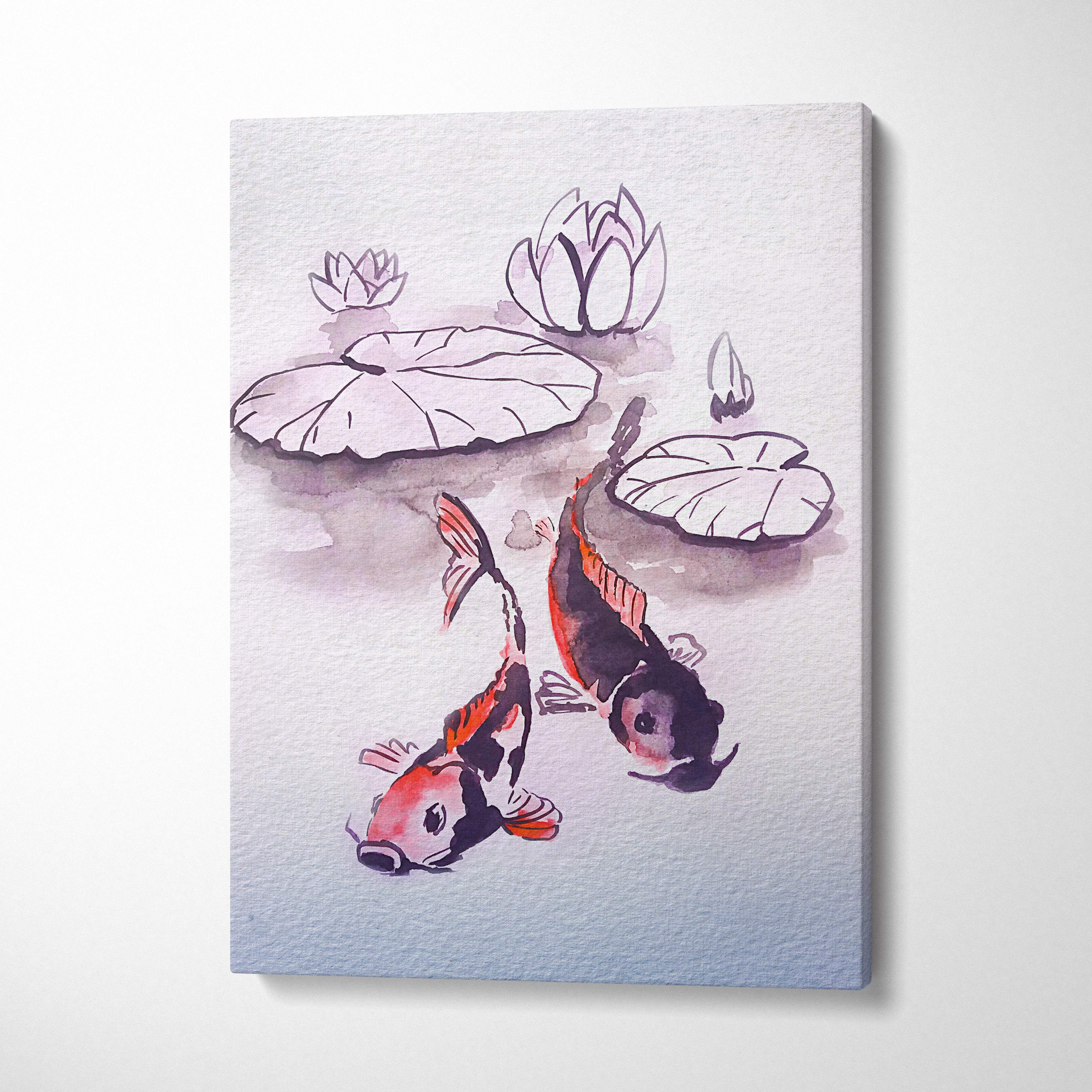 Watercolor painting on canvas of red black and blue koi fish swimming among lotus leaves for zen wall art decor