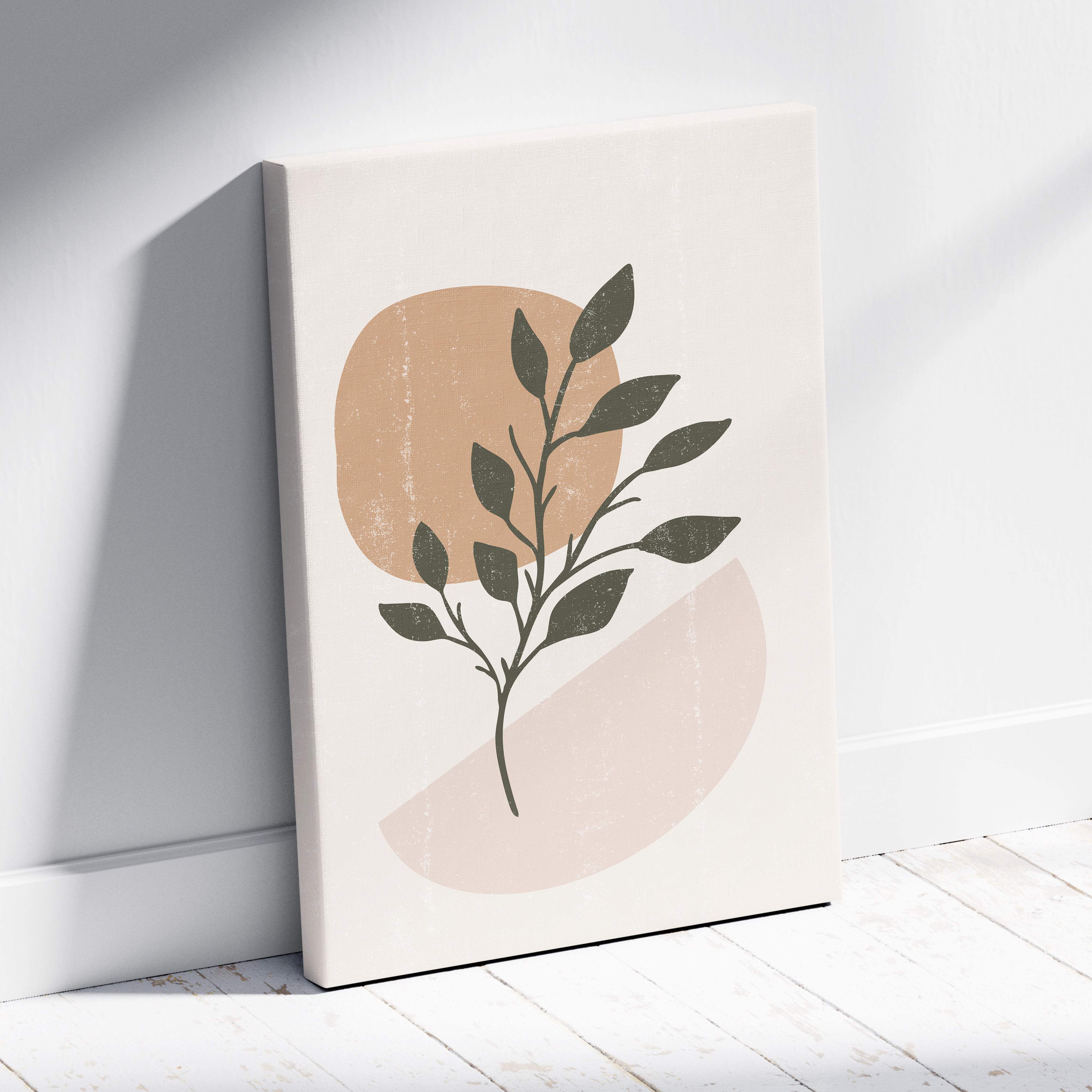 Boho minimalist botanical canvas wall art with sage green leaves and terracotta blush abstract shapes for living room