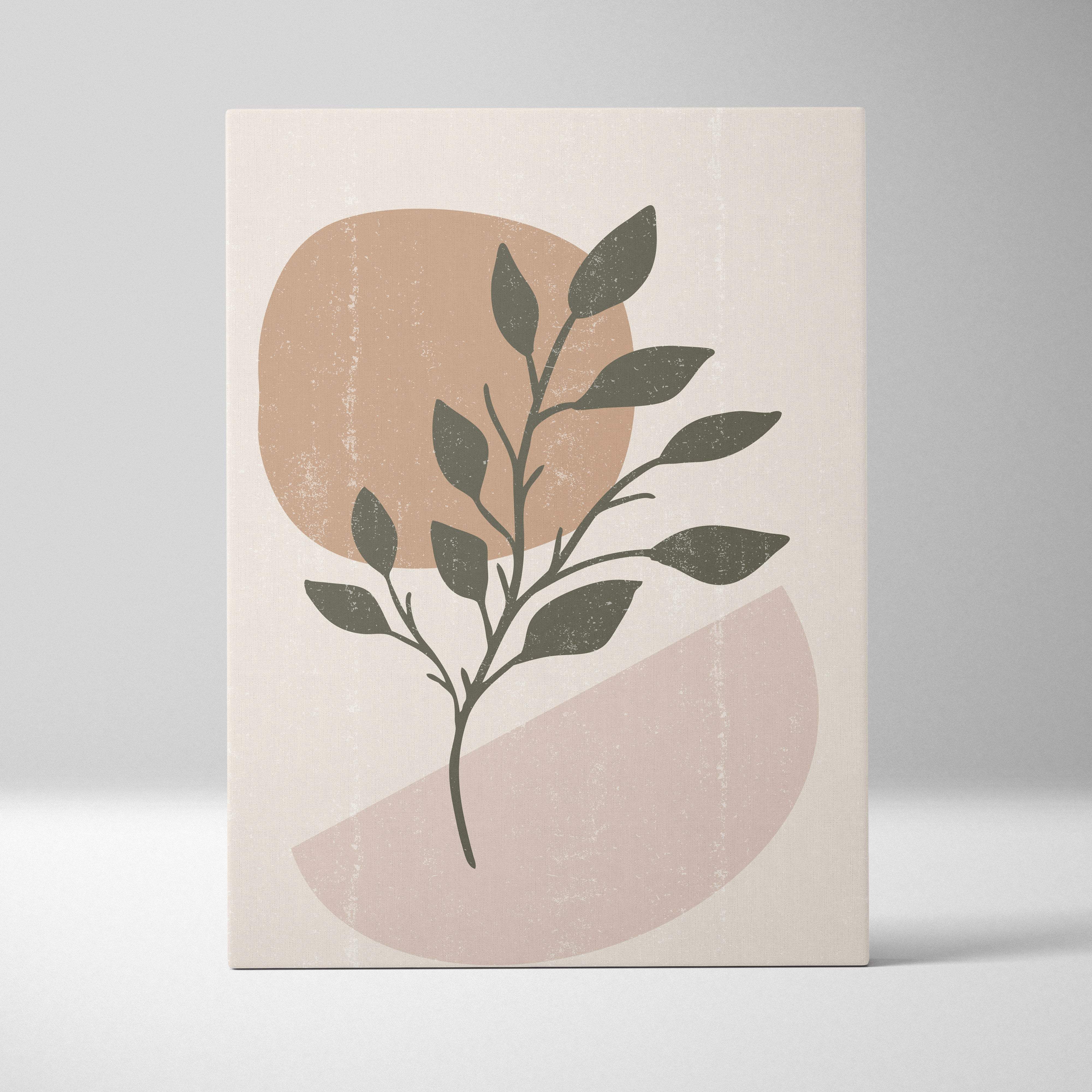 Boho minimalist botanical canvas wall art featuring sage green leaves with terracotta and blush neutral shapes