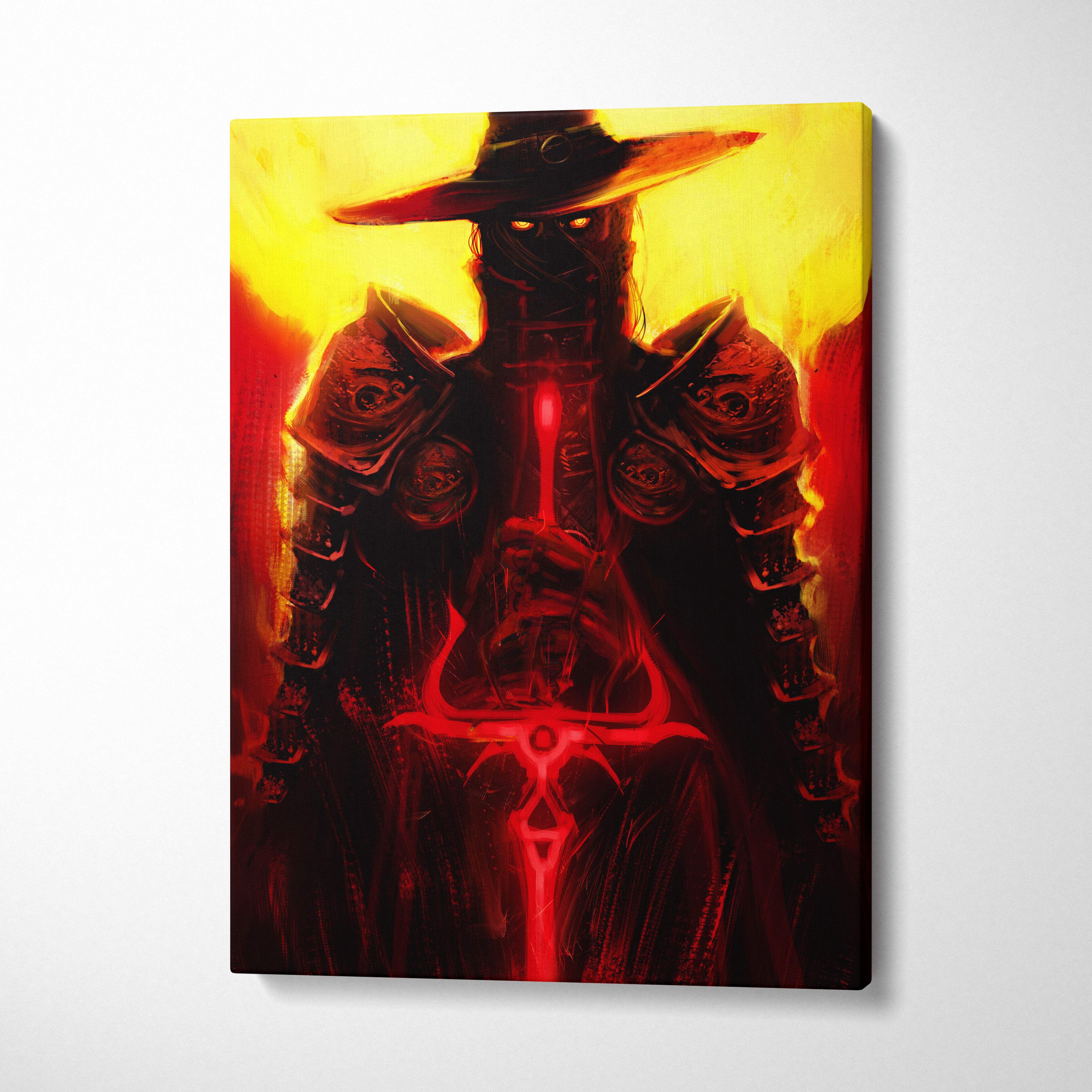 Dark crimson gunslinger canvas art showing a dark armored figure with a glowing red sword on a fiery background