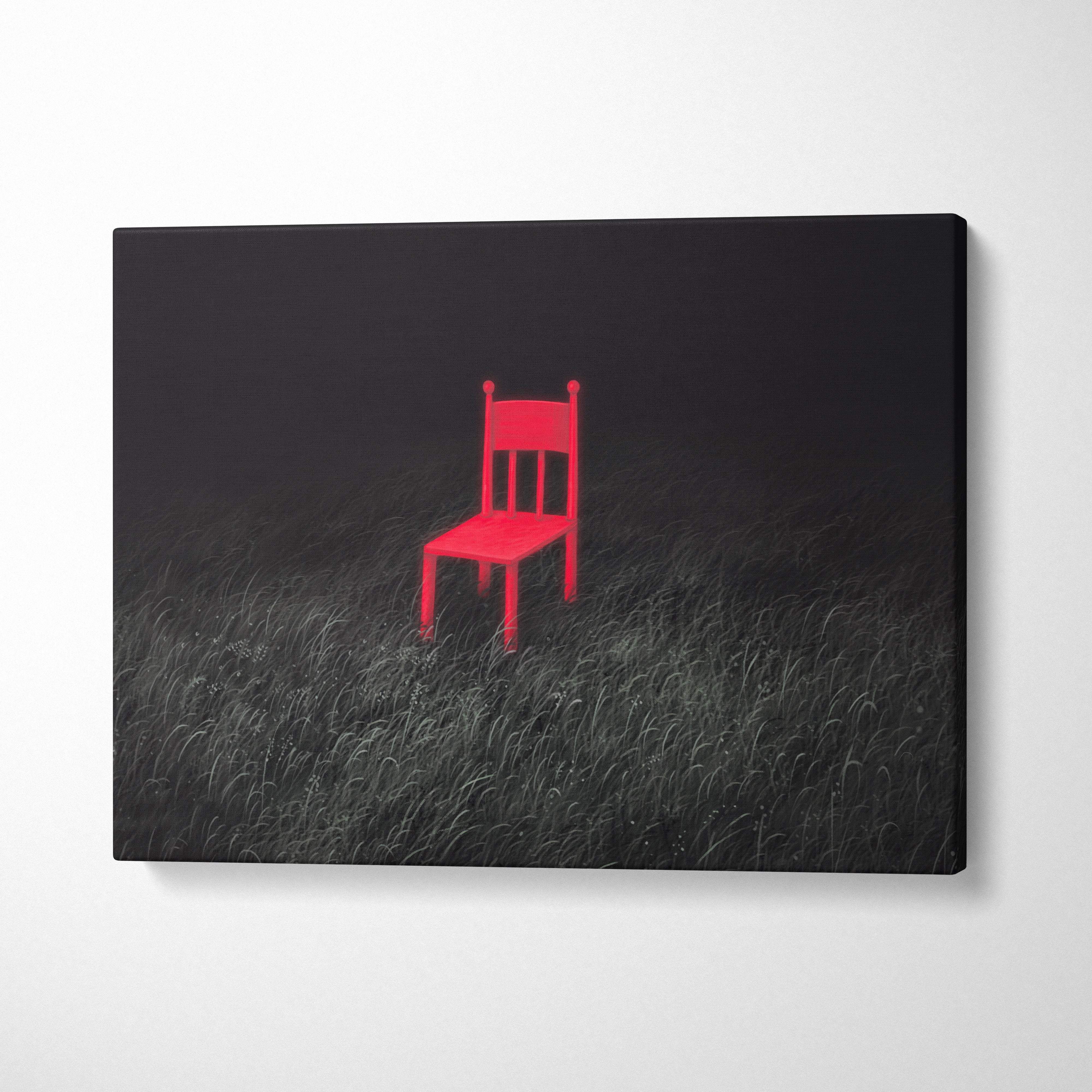 Contemporary red wooden chair canvas wall art with dark moody field print and surreal empty seat in black grass