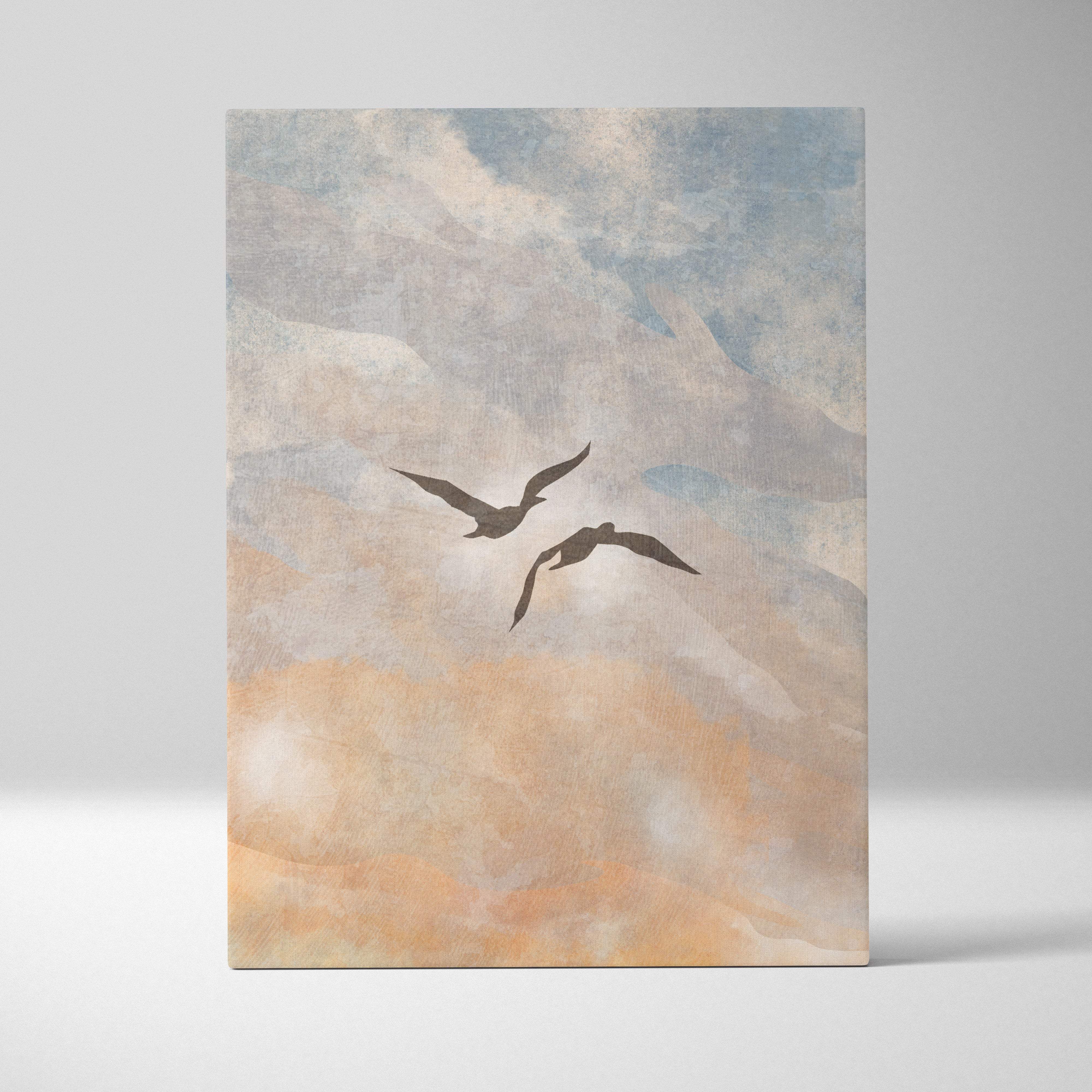 Boho coastal sky canvas wall art with silhouetted birds in flight on soft blue peach watercolor sky print
