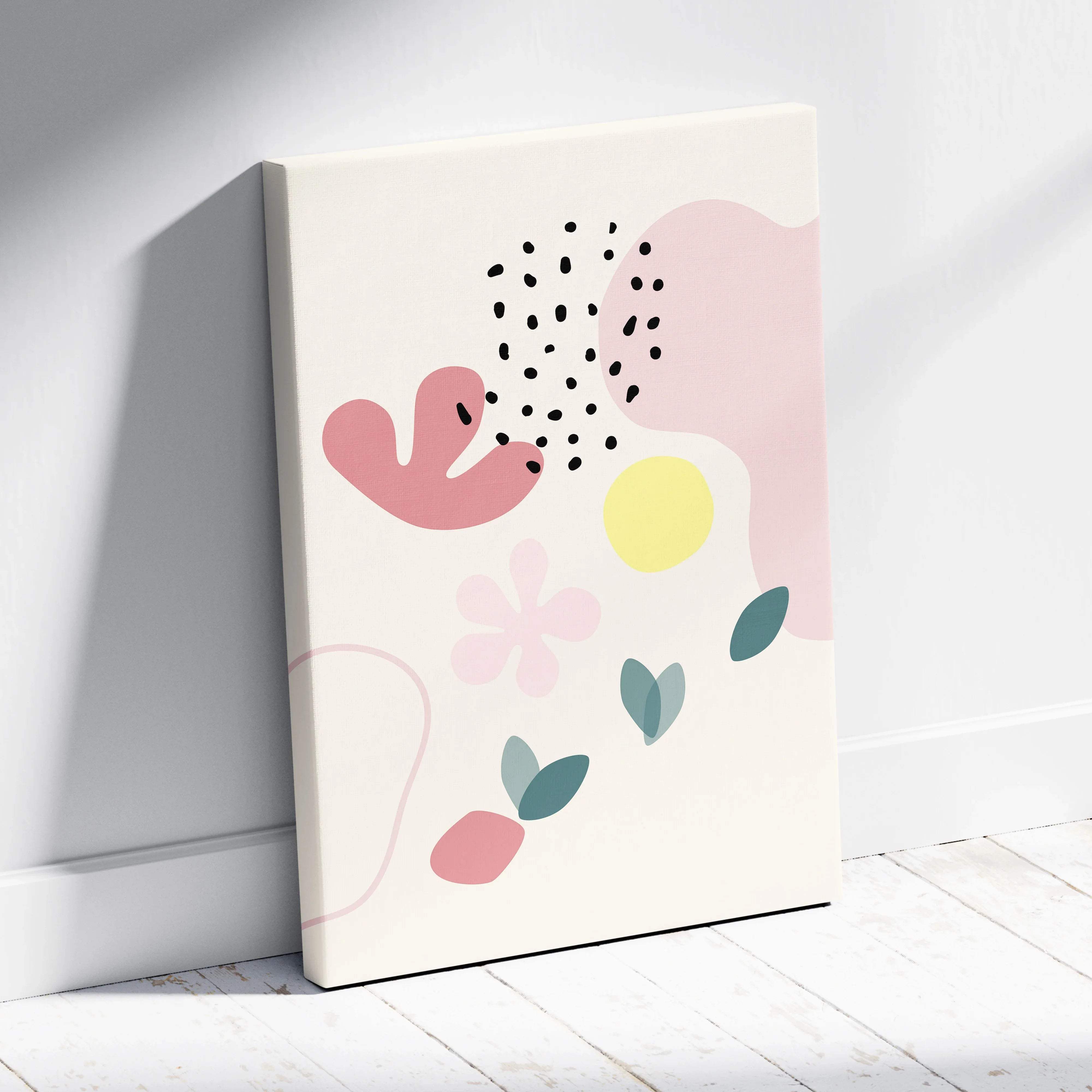 Abstract minimal floral canvas art in blush pink, sage green on cream