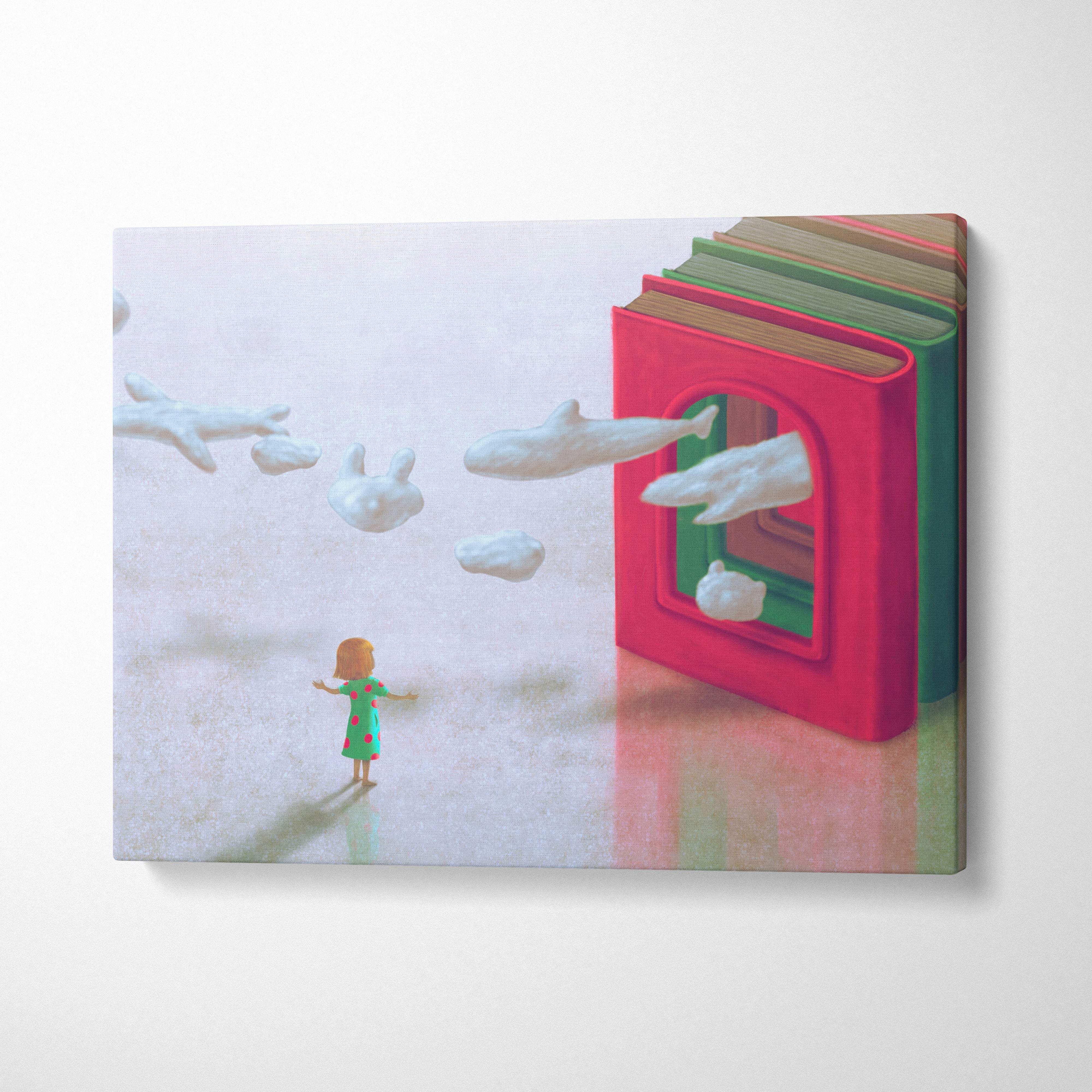 Contemporary storybook canvas wall art of a girl in green dress with floating white animals over colorful books