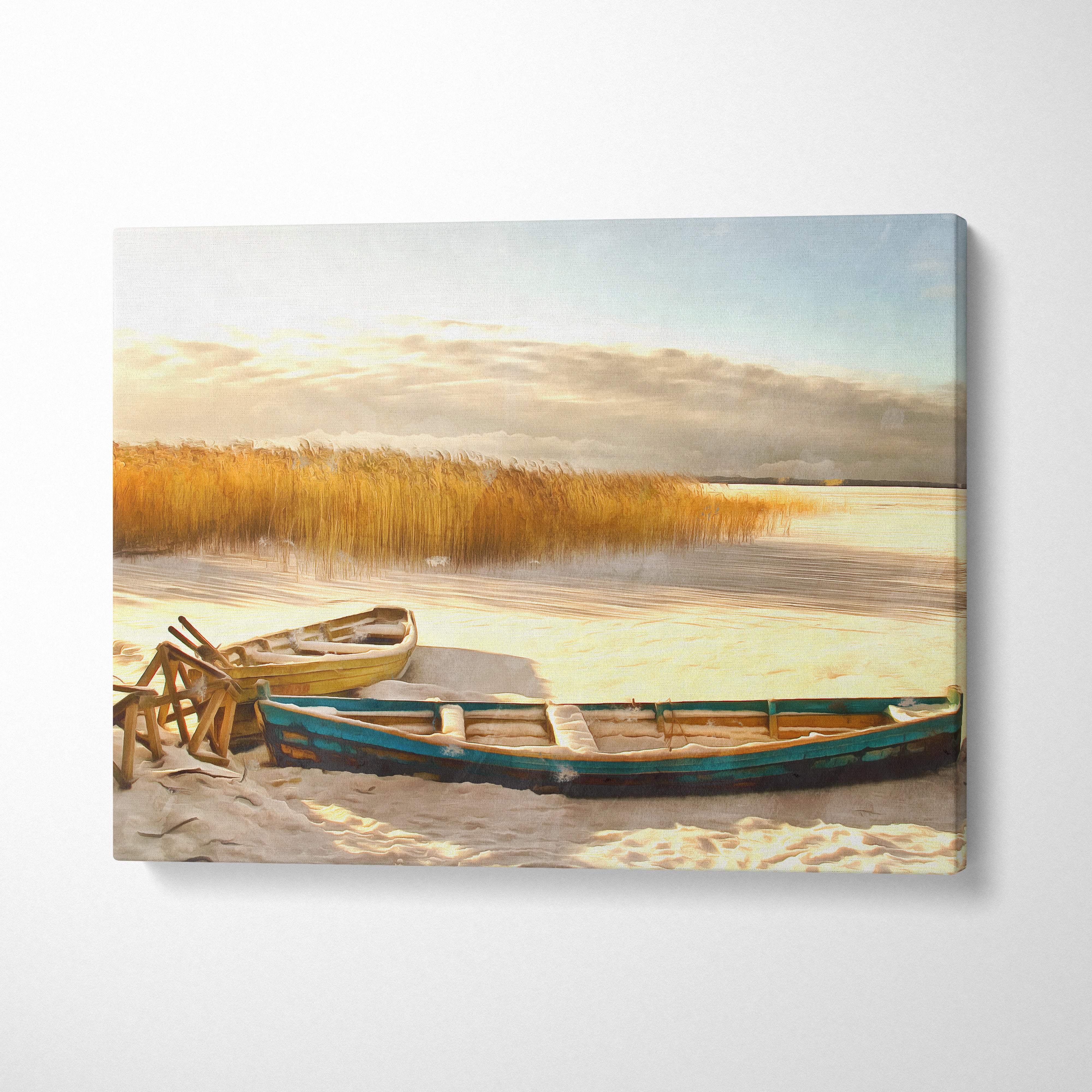 Rectangular canvas print featuring a rustic lakeshore scene with yellow and teal rowboats under golden light