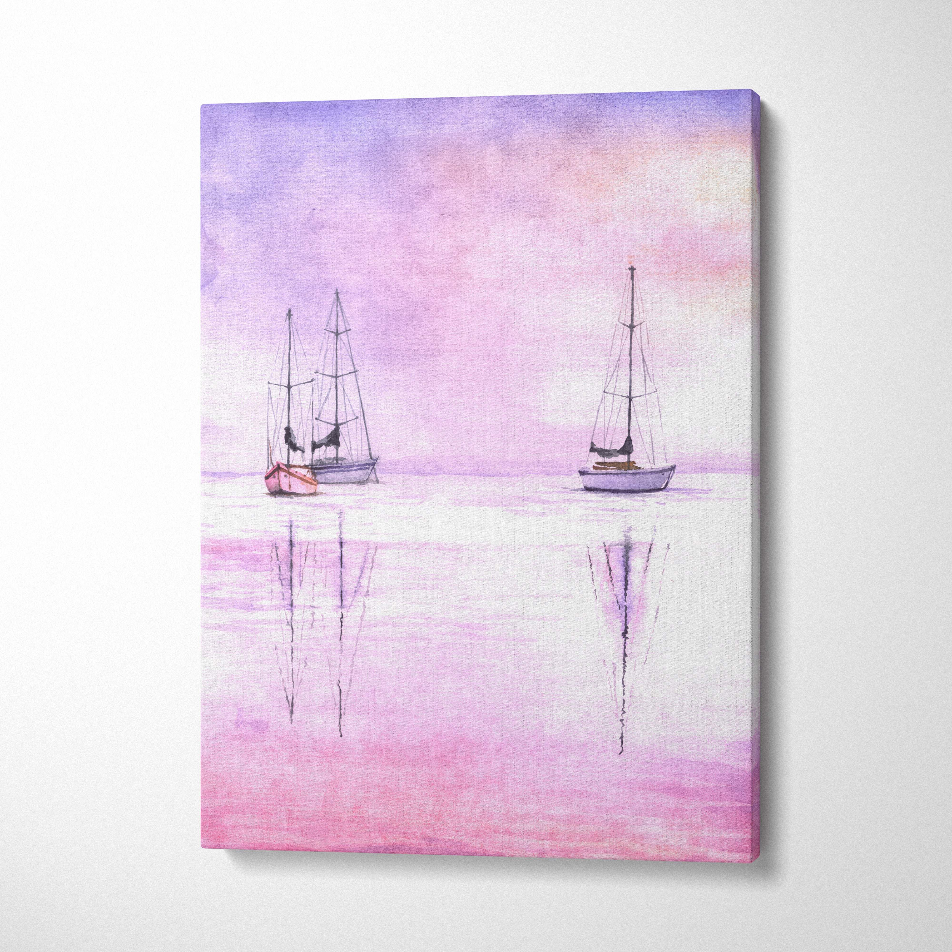 A soft watercolor canvas painting of two sailboats on a pastel pink and lavender sea for coastal wall decor