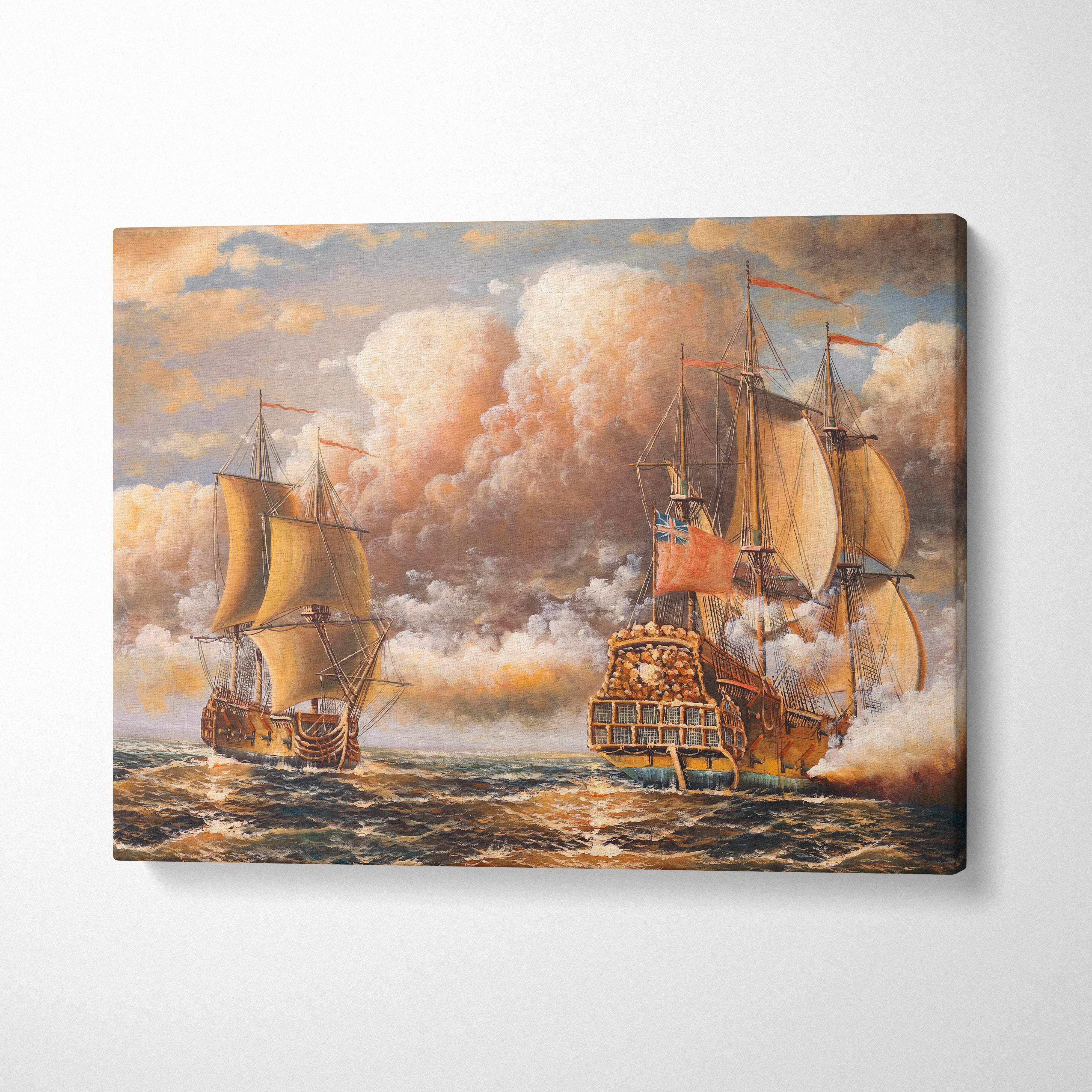 A canvas print of two historic tall ships with billowing sails and cannon fire under a dramatic cloudy sky