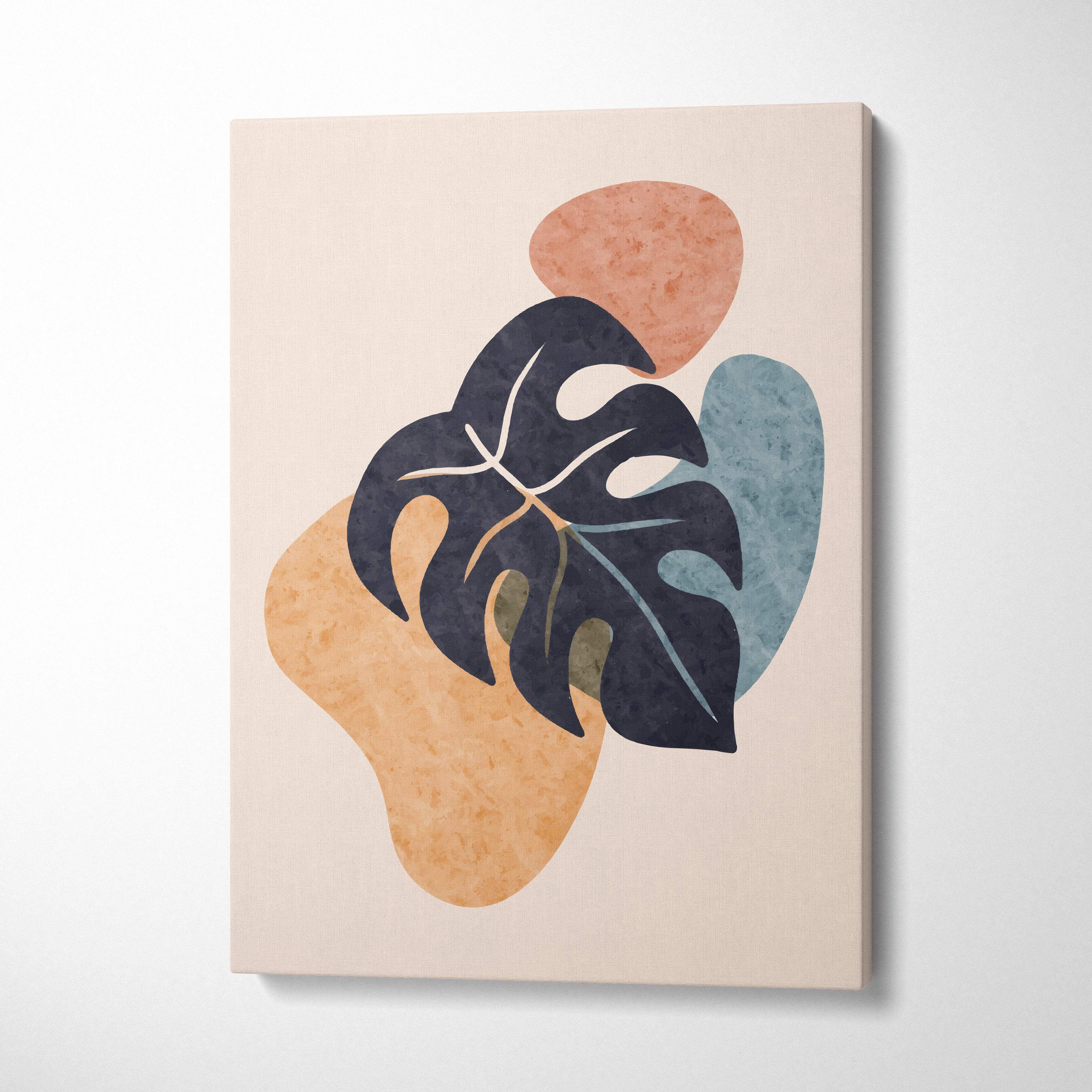 Modern monstera leaf abstract wall art with bold black leaf and white veins on peach terracotta and blue shapes on beige background