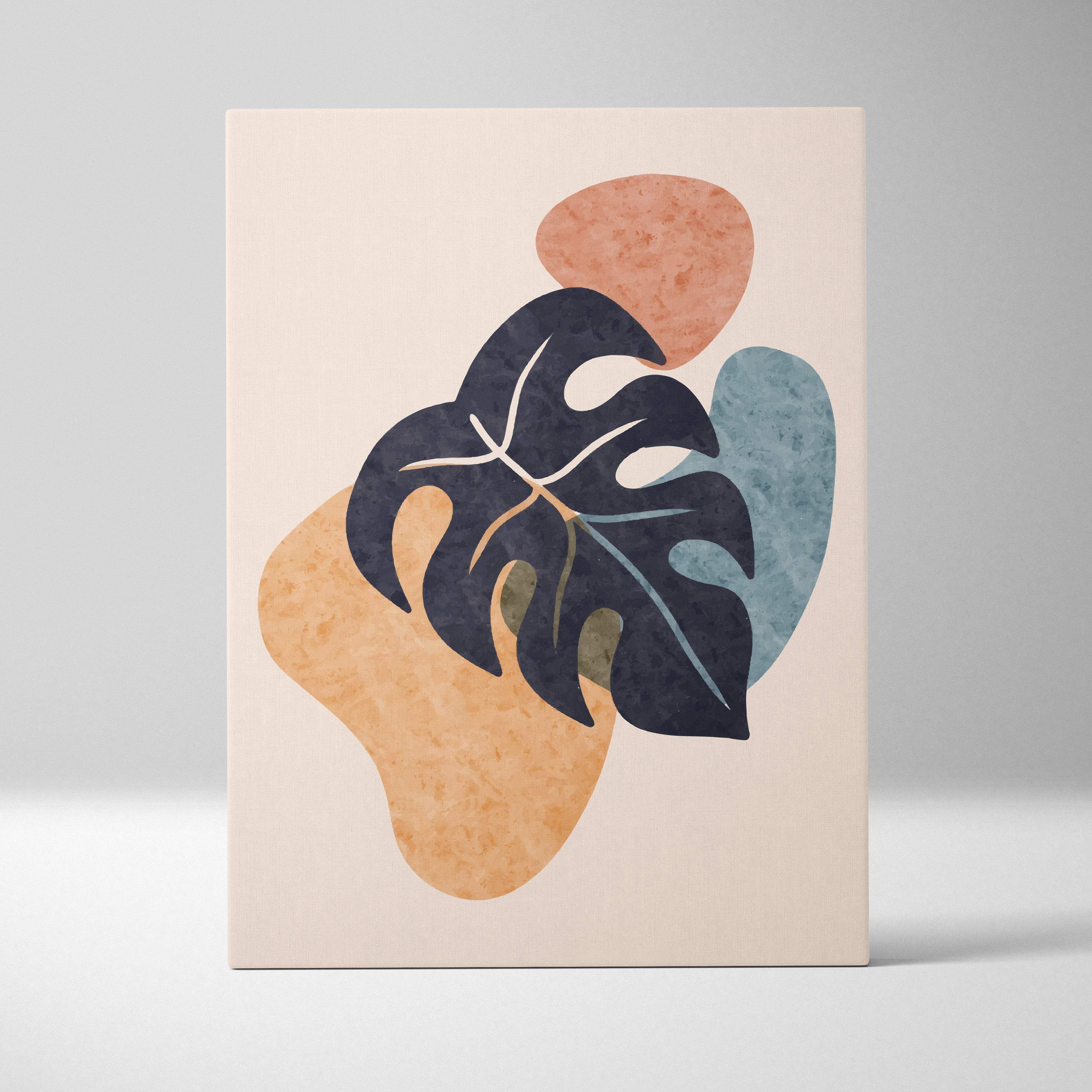 Beige canvas art with a stylized dark blue monstera leaf and terracotta teal abstract shapes for minimalist decor